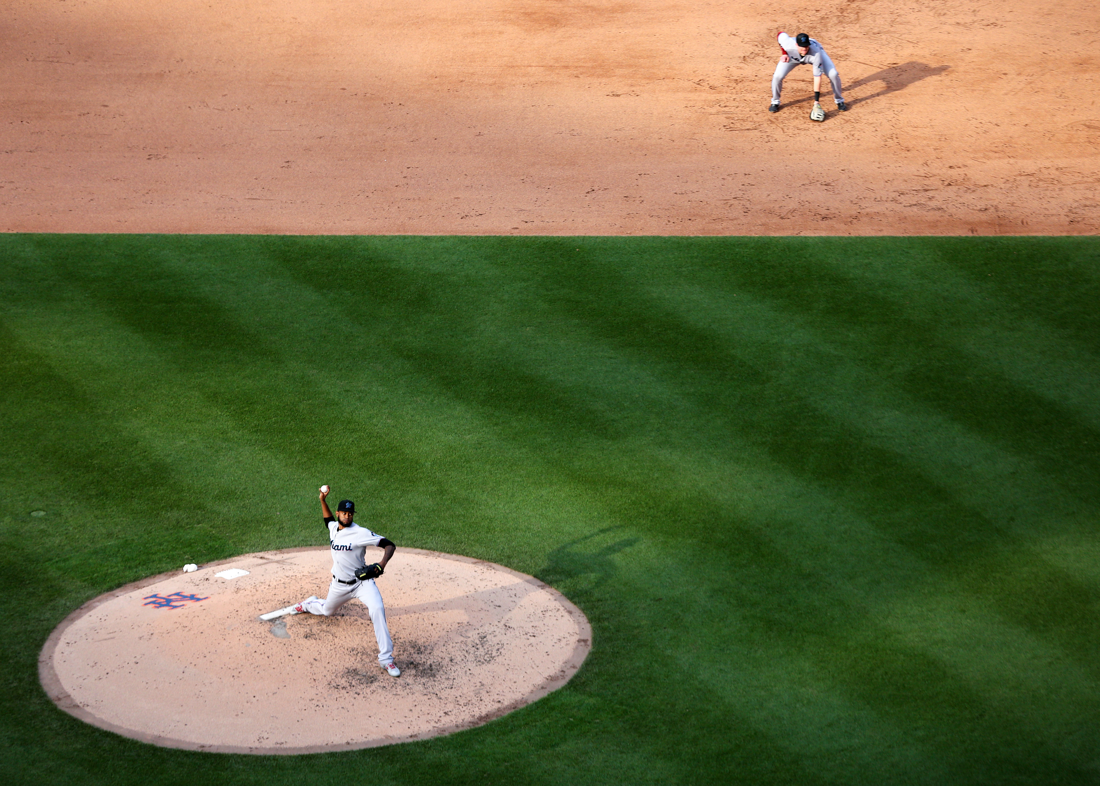Tayron Guerrero #56 of the Miami Marlins pitches during a game between the Miami Marlins and the New York Mets at Citi Field on Monday, August 5, 2019 in Flushing, New York.