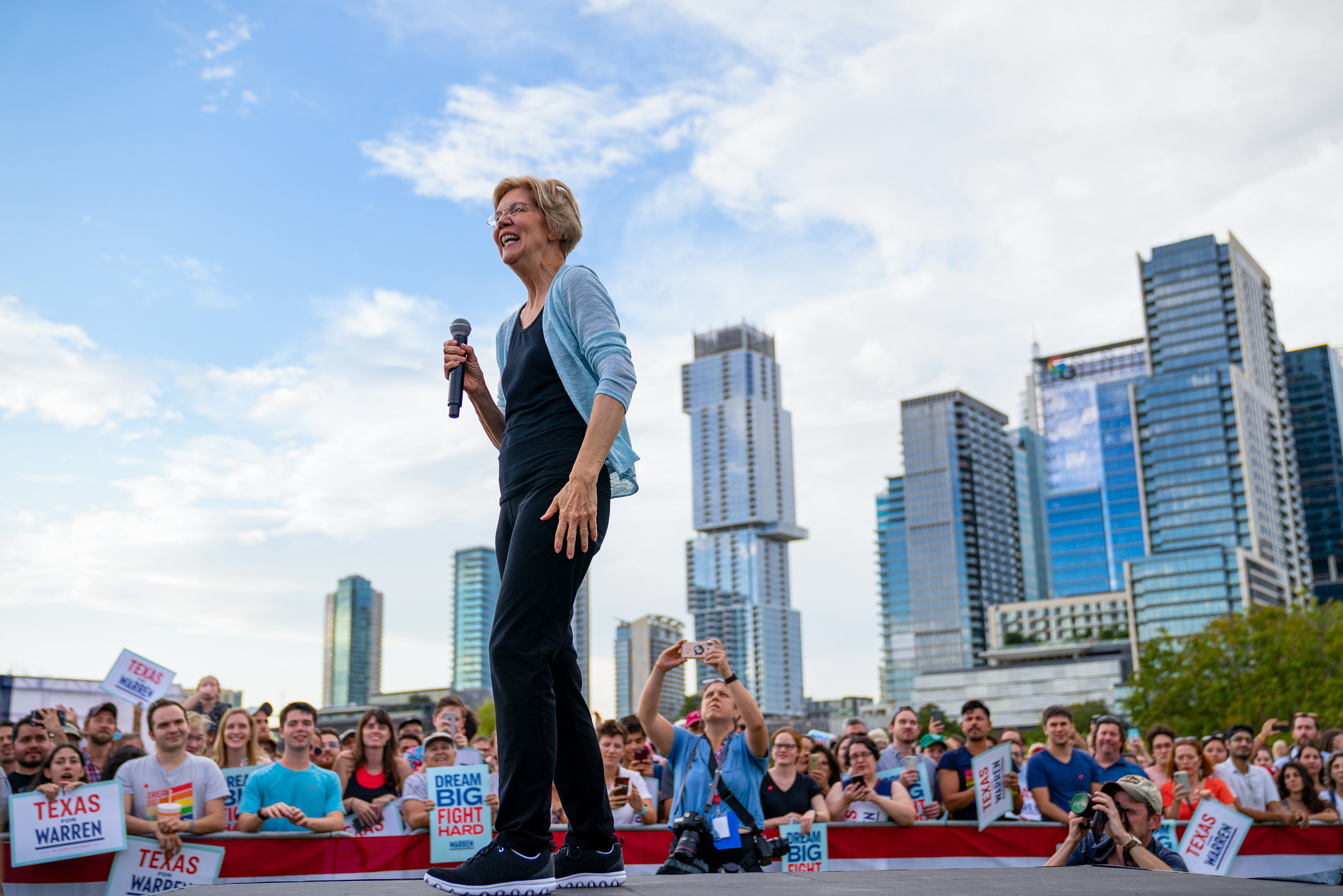 Elizabeth Warren smiles on stage during a town hall event on September 10, 2019 at Auditorium Shores in Austin, Texas.
