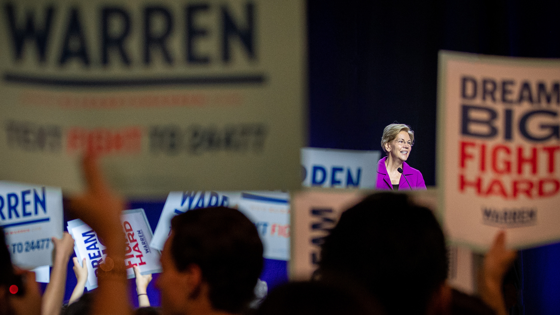 Senator Elizabeth Warren smiles during her speech at the Massachusetts Democratic Convention held at the Mass Mutual Center on September 14, 2019 in Springfield, Massachusetts.