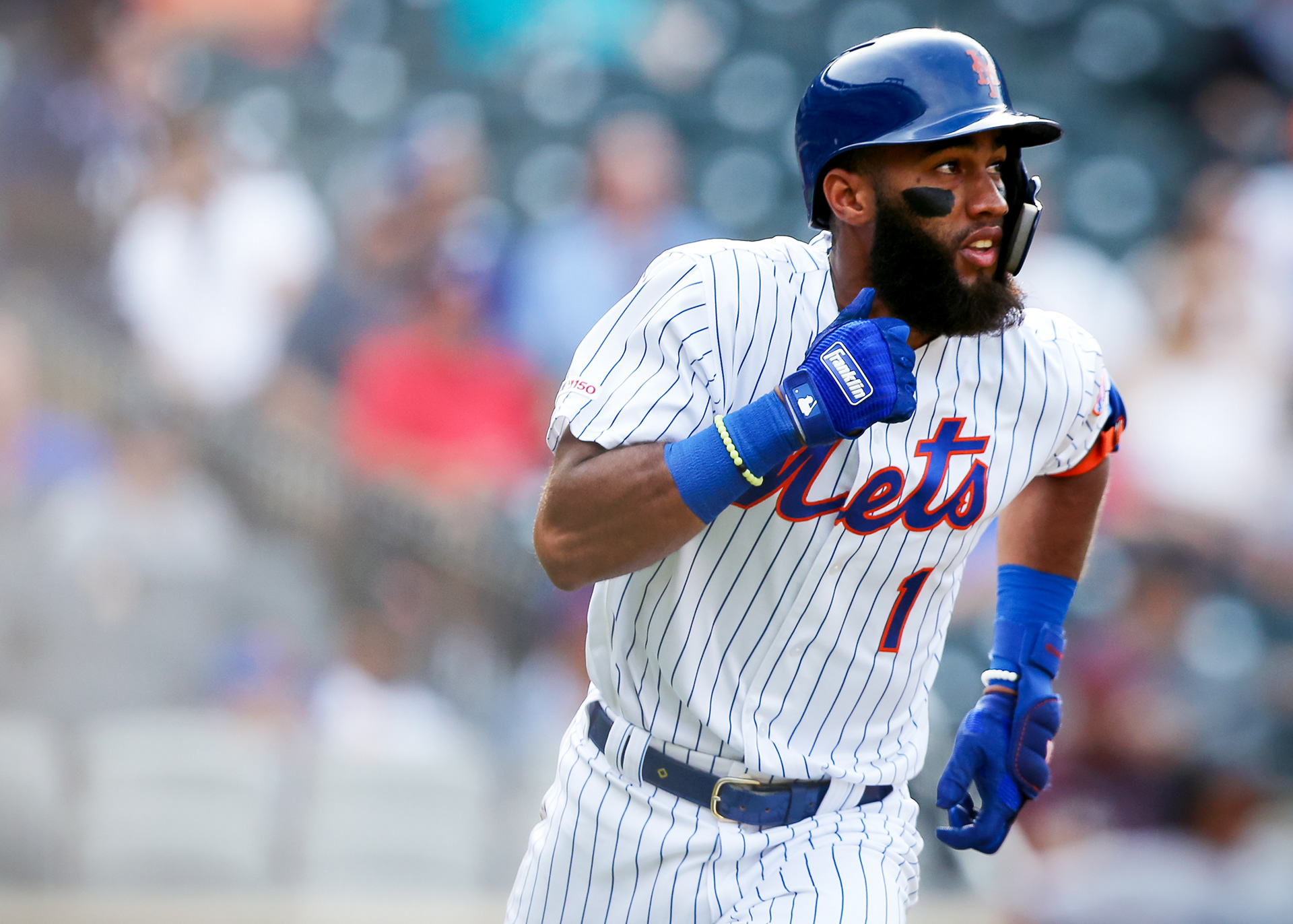 Amed Rosario #1 of the New York Mets hits a home run during a game between the Miami Marlins and the New York Mets at Citi Field on Monday, August 5, 2019 in Flushing, New York.
