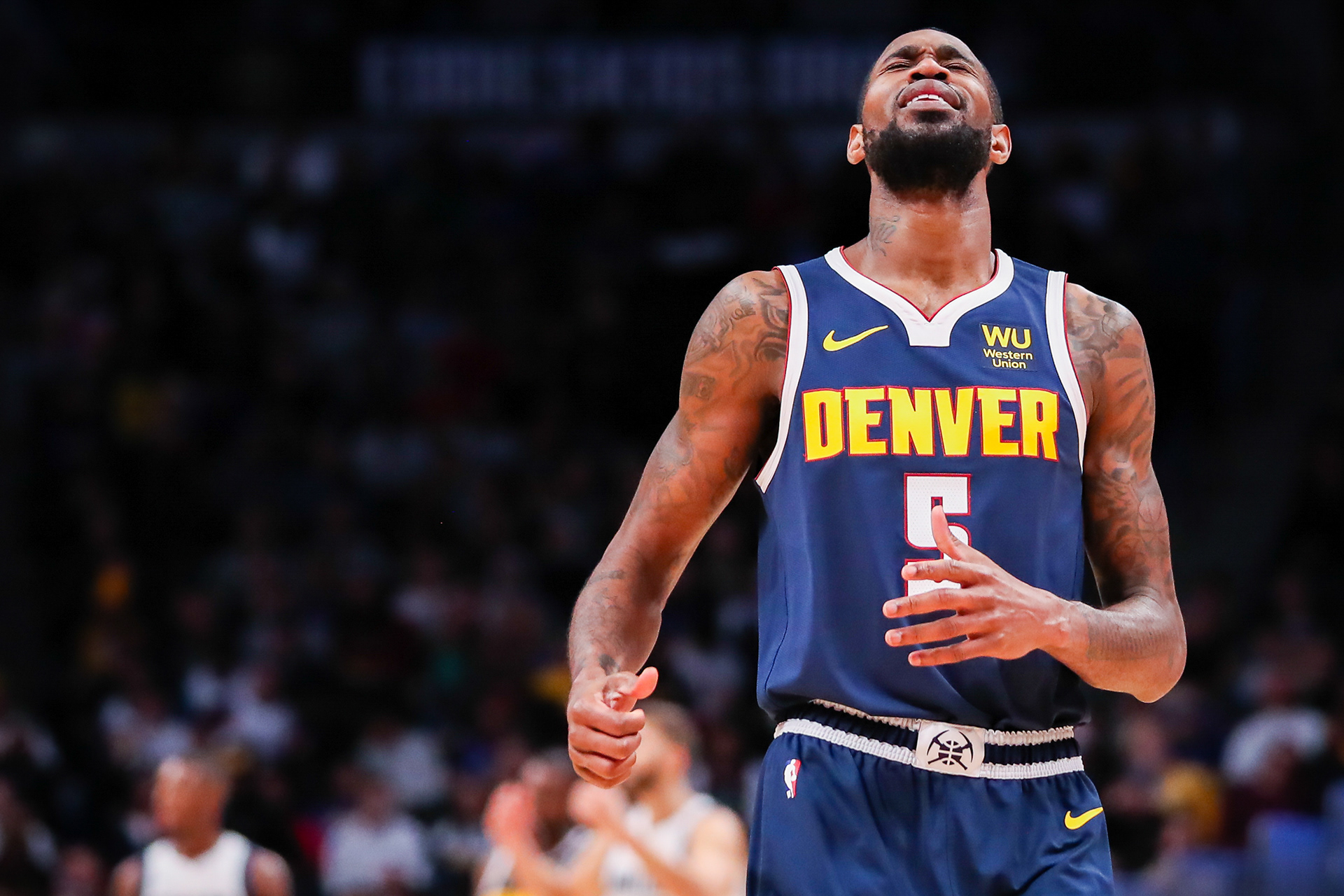Will Barton #5 of the Denver Nuggets reacts to a foul called against him during the fourth quarter of a game against the Dallas Mavericks at Pepsi Center on October 29, 2019 in Denver, Colorado. The Mavericks defeated the Nuggets 109-106.