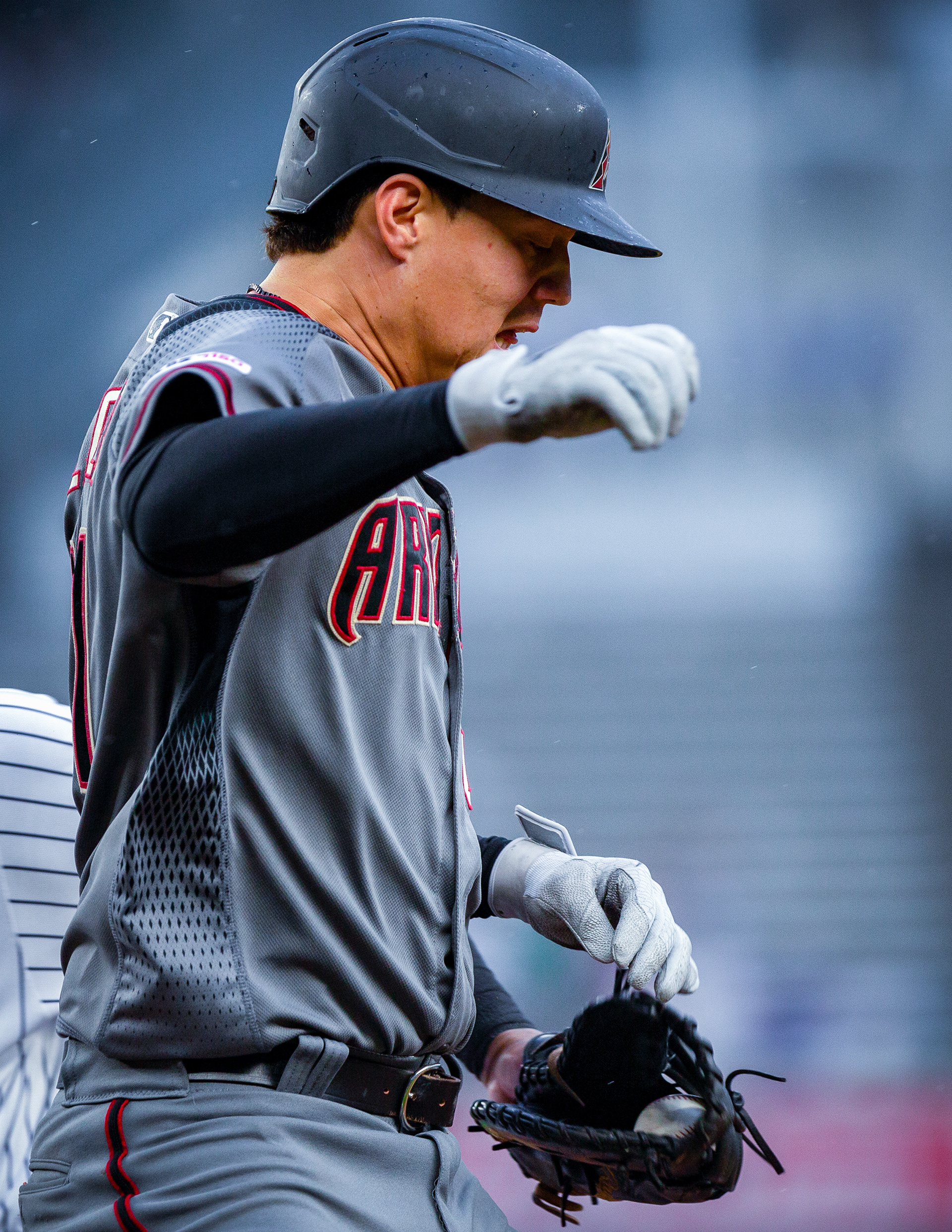 Wilmer Flores #41 of the Arizona Diamondbacks is tagged out at first base by Edwin Encarnacion #30 of the New York Yankees during a game between the Arizona Diamondbacks and the New York Yankees at Yankee Stadium on Wednesday, July 31, 2019 in the Bronx borough of New York City.