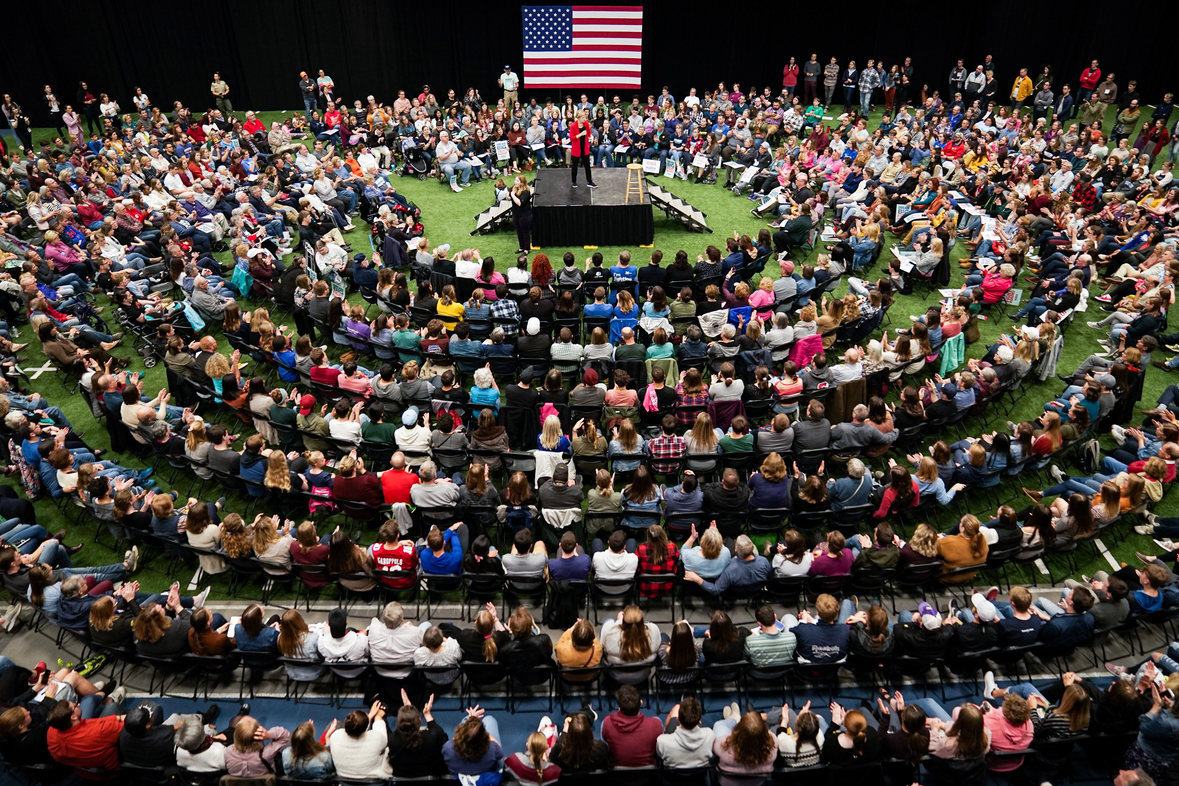 Senator Elizabeth Warren speaks to a crowd of supporters during a town hall event on October 20, 2019 at Drake University in Des Moines, Iowa.