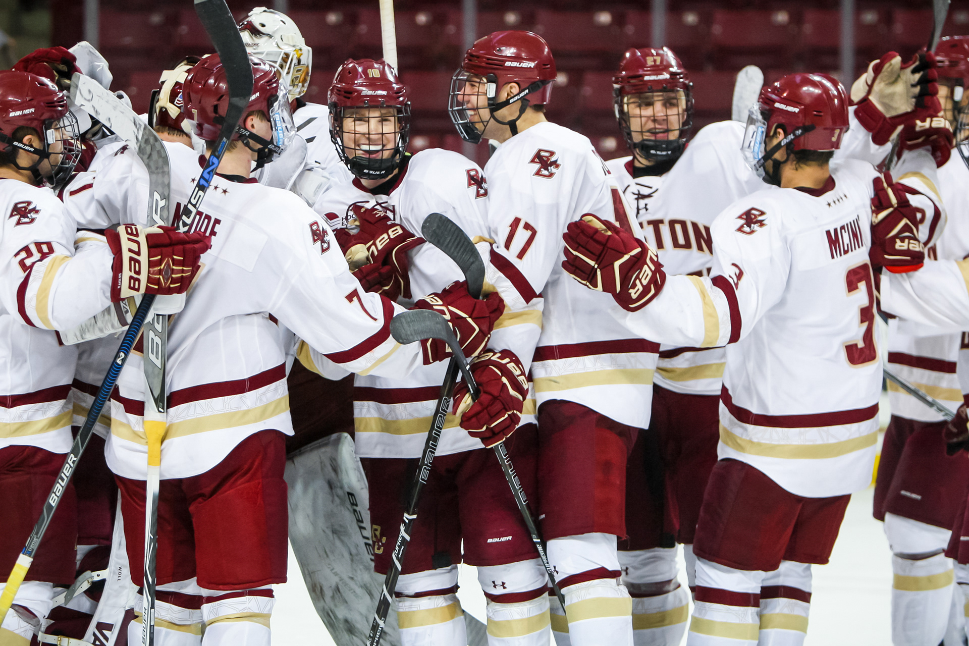 Members of the Boston College Men's Hockey team celebrate after defeating the University of Vermont Catamounts 7-0  on March 10, 2017 at Conte Forum, in Boston, Massachusetts.