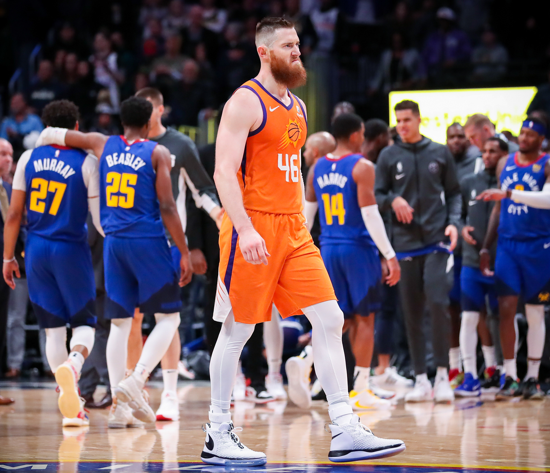 Aron Baynes #46 of the Phoenix Suns reacts to going into overtime during a game against the Denver Nuggets at Pepsi Center on October 25, 2019 in Denver, Colorado.