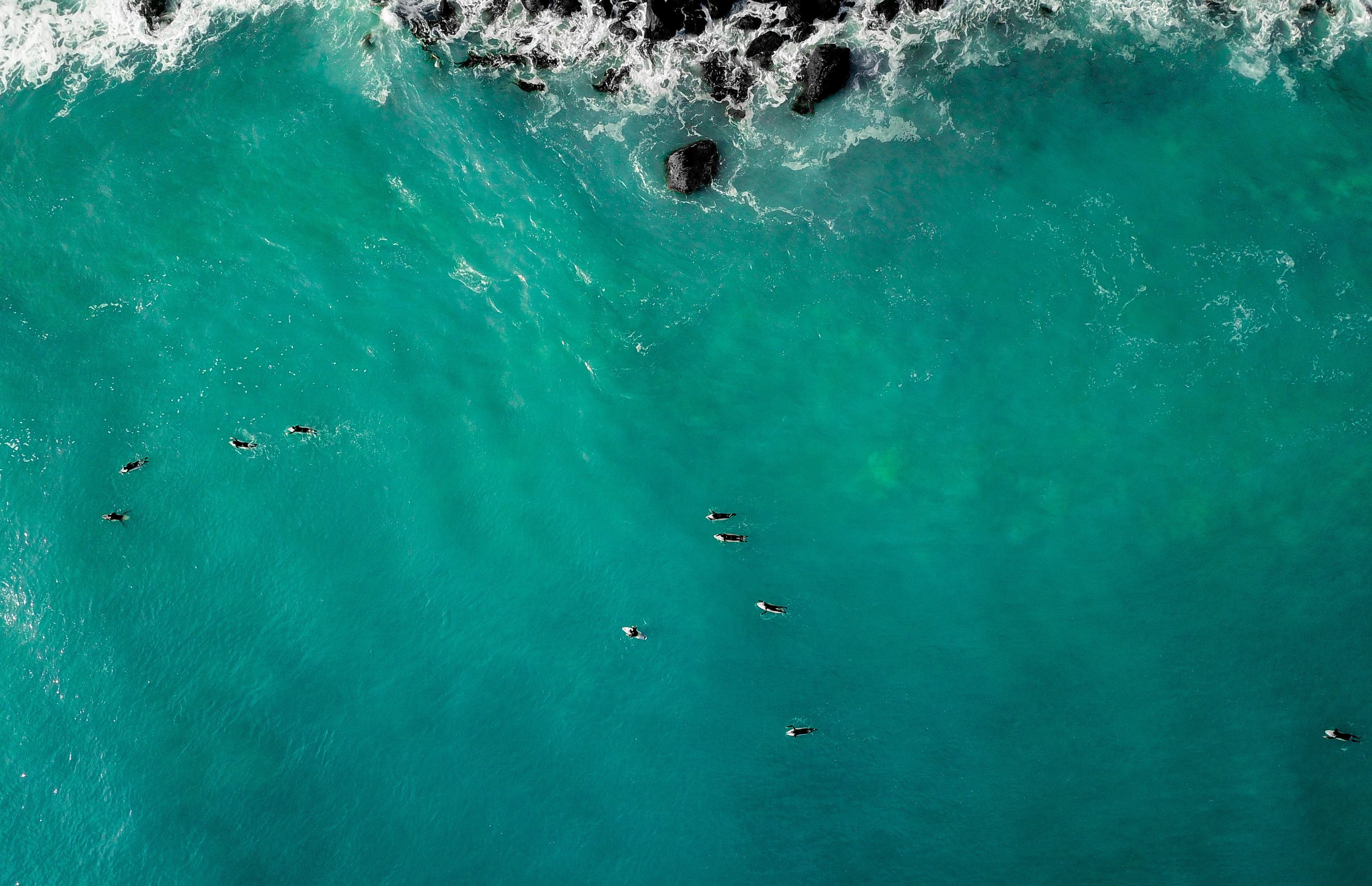 A group of surfers paddle out off the cost of Dunedin on the South Island of New Zealand on June 14, 2018.
