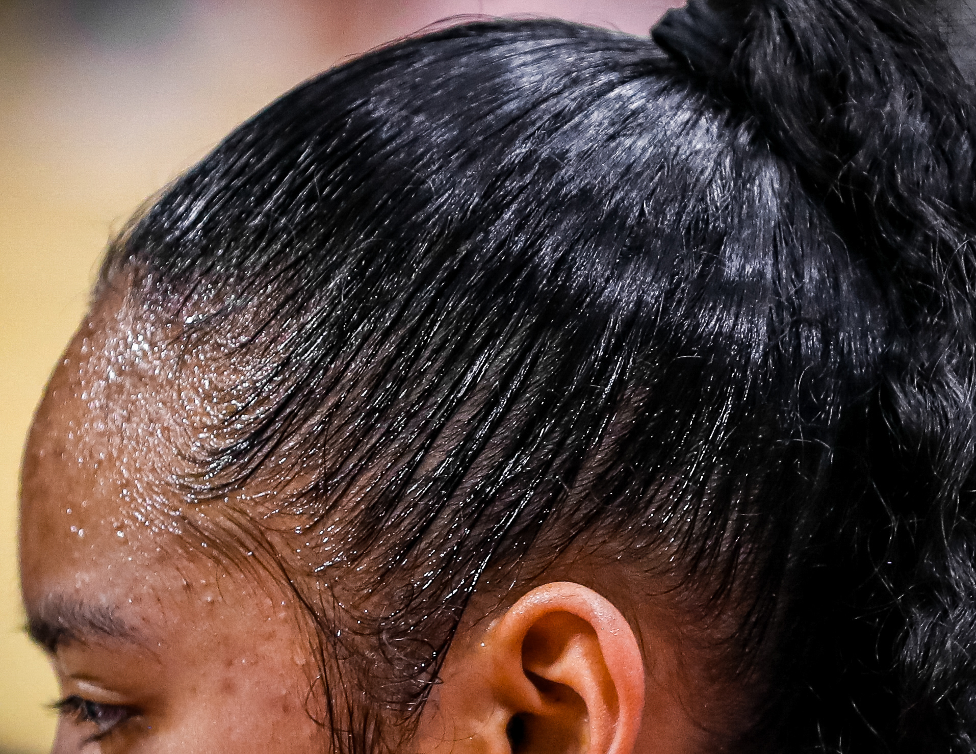 Leilani McIntonish #1 of the University of California Berkeley Golden Bears drips sweat during the halftime break of a game against the University of Colorado Boulder Buffaloes at Gampel Pavillion in Boulder, Colorado. The Buffaloes defeated the Golden Bears 62-50.