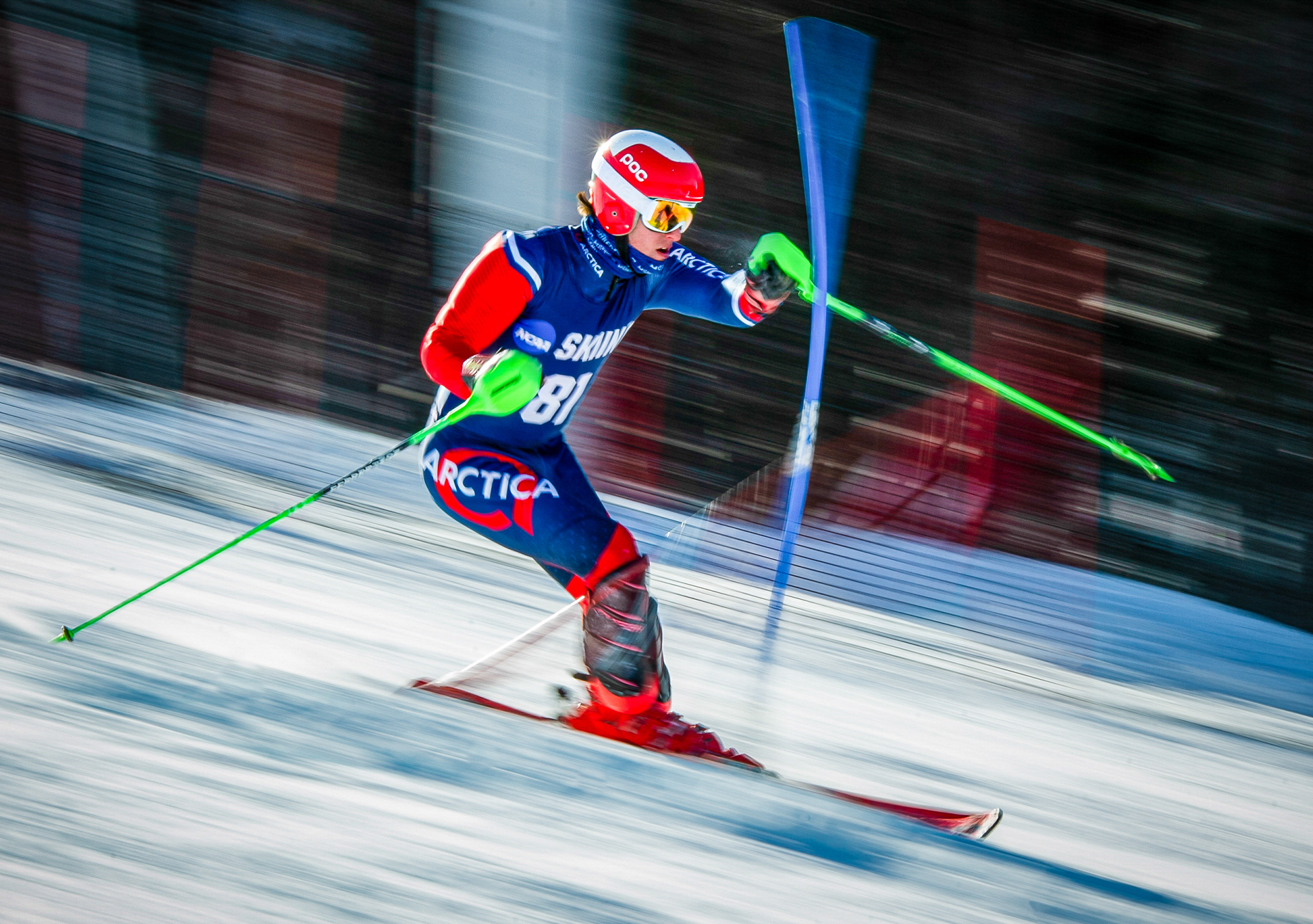 A collegiate skier competes in the slalom during the EISA Championships at Bates Carnival at Sunday River Ski Resort on February 23, 2019 in Newry, Maine.