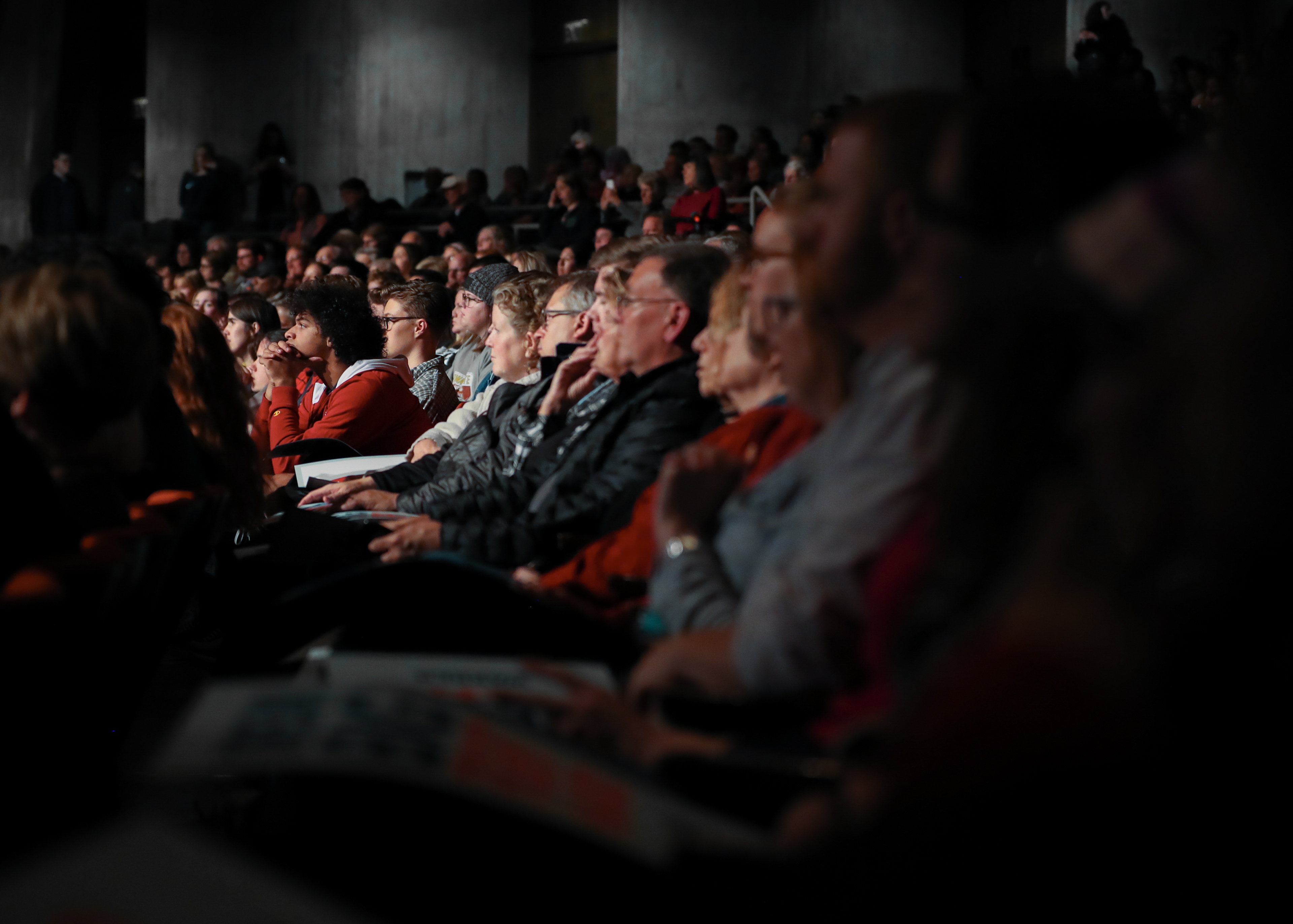 A young voter leans in to listen to Senator Elizabeth Warren during her town hall event on October 21, 2019 at Iowa State University in Ames, Iowa.