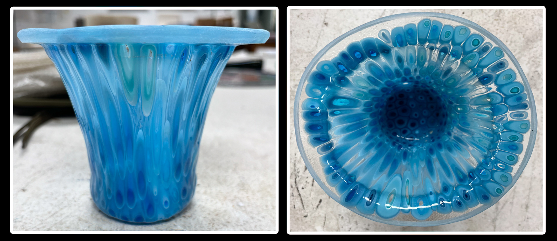 My instructor and I collaborated in the construction of this project.  The first step was to pull vitrograph rods.  The next step was to cut the rods into ½ inch pieces.  Those pieces where then assembled into a "puck".  The puck was then slumped through a drop mold to form the vase you see.