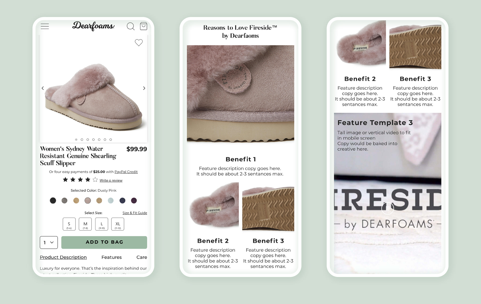 Mobile screens for product page: showing product details and features below the fold.