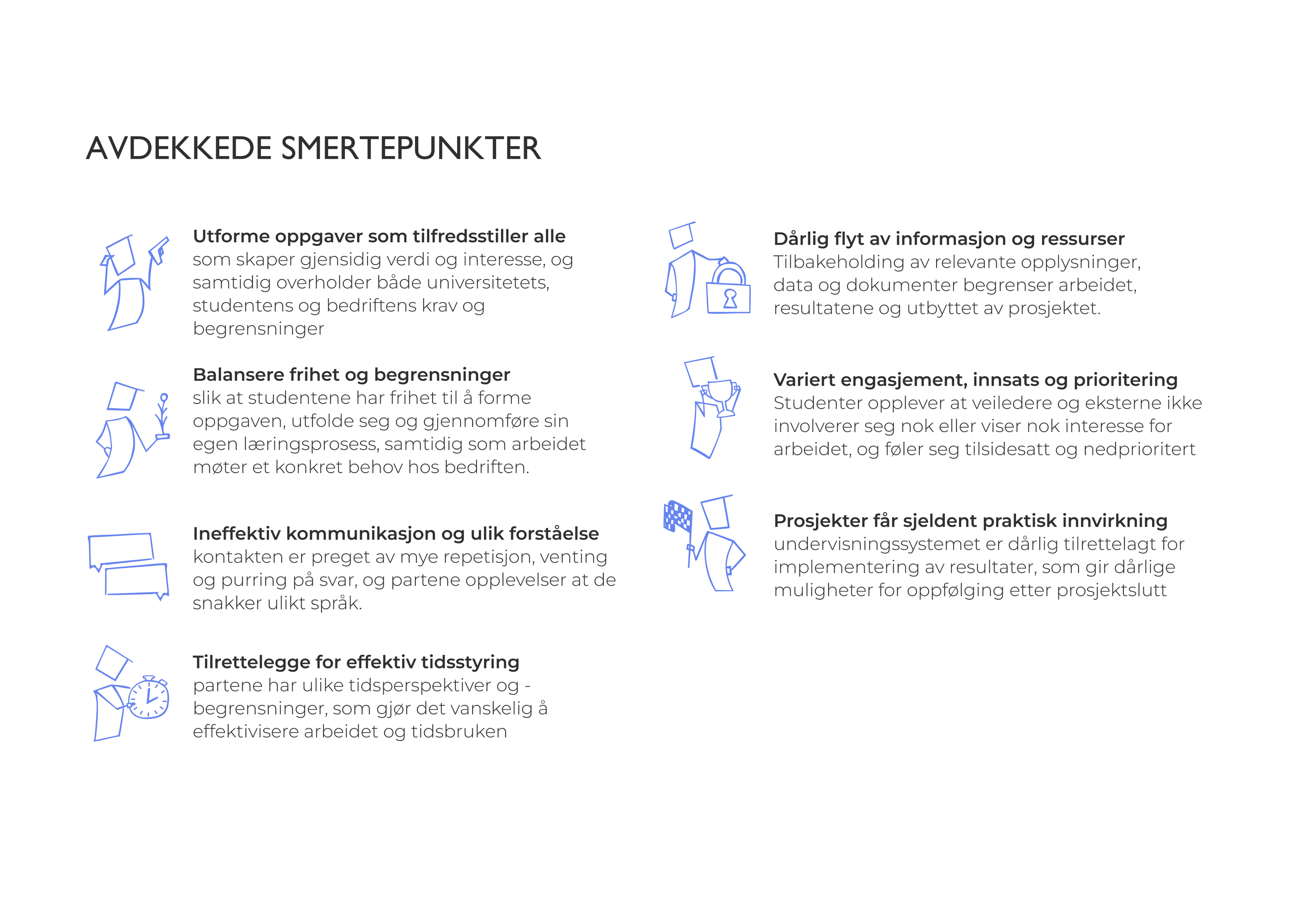 Smertepunkter avdekket i innledende prosjektoppgaven