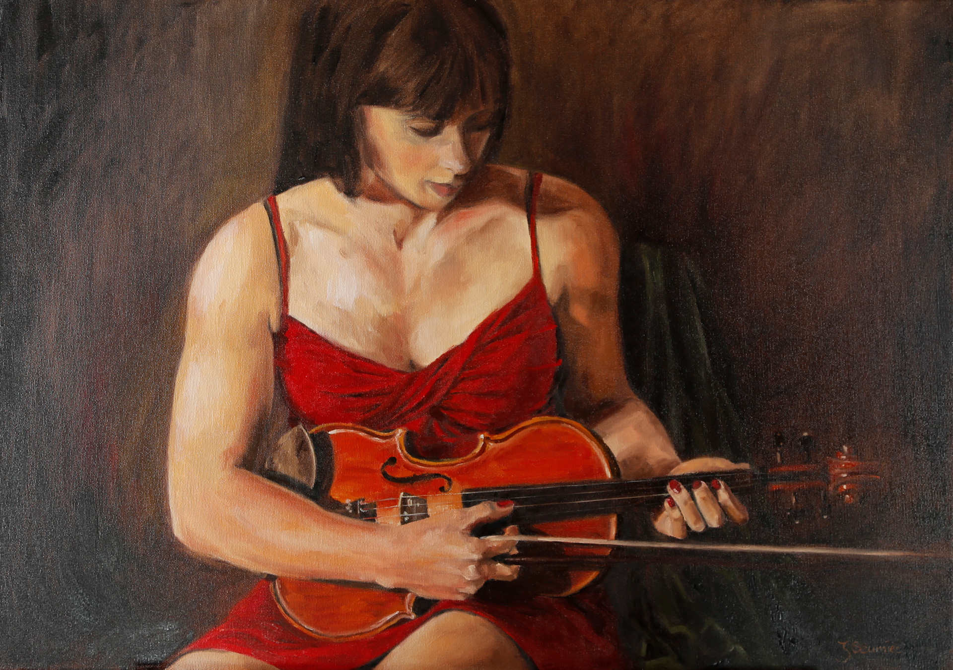 Dziewczyna ze skrzypcami. 50x70. Olej na płótnie.