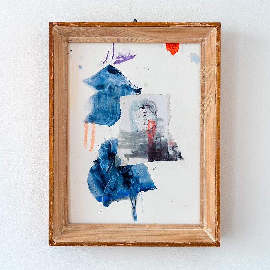 Trainpeople, acryl & paper in old vintage frame, 2020, 19,5/25,5cm