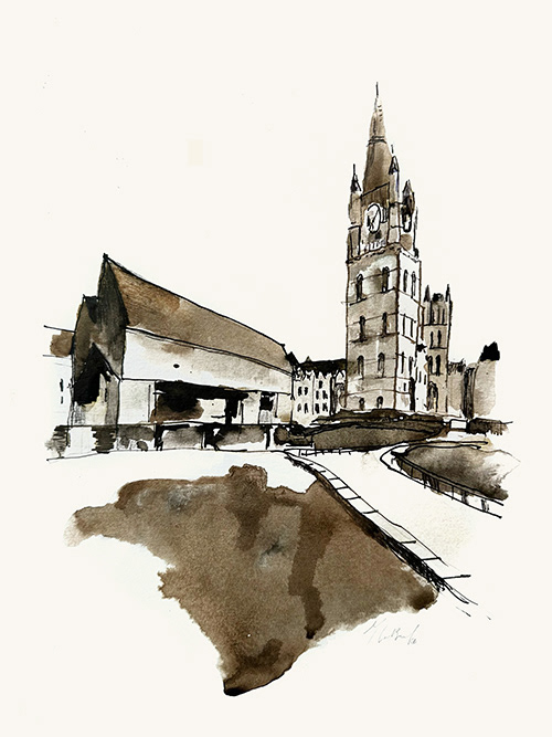 inktschets -De Stadshal en de Sint-Niklaaskerk Gent