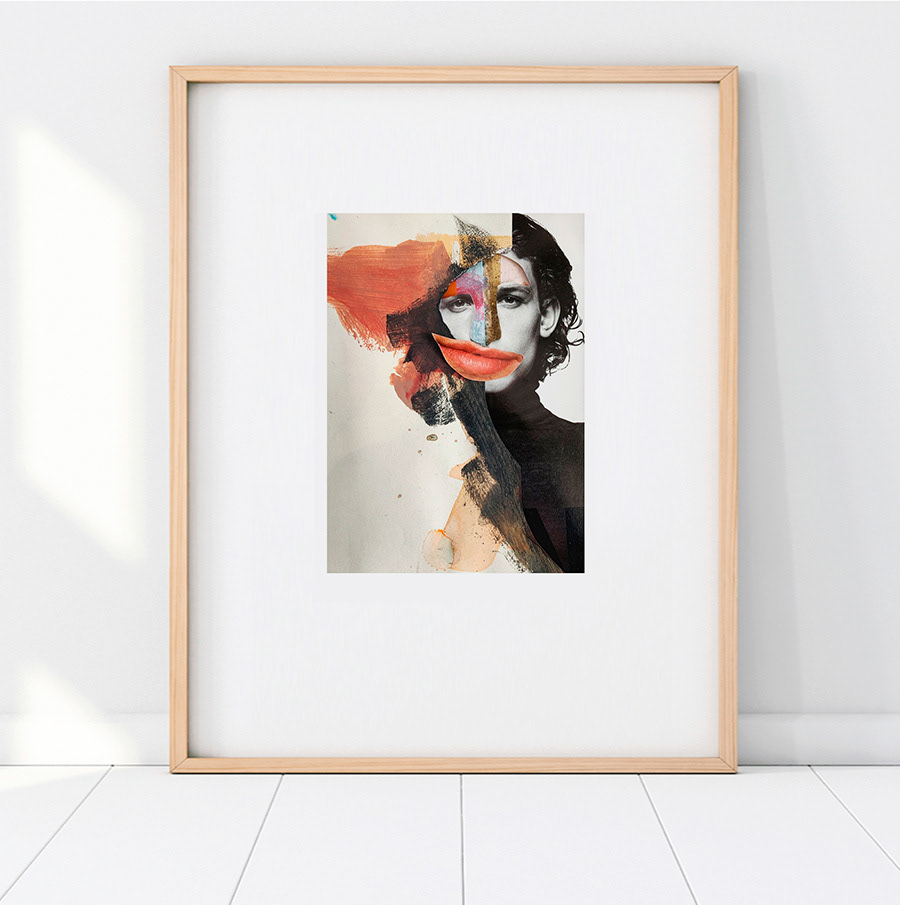 Mr. Big Mouth, collage & acrylic, 13/18cm, in passe partout 30/40cm
