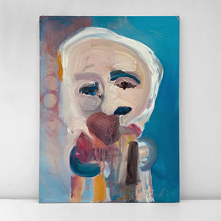 The man and his faces, cotton mounted on wood panel, 2019