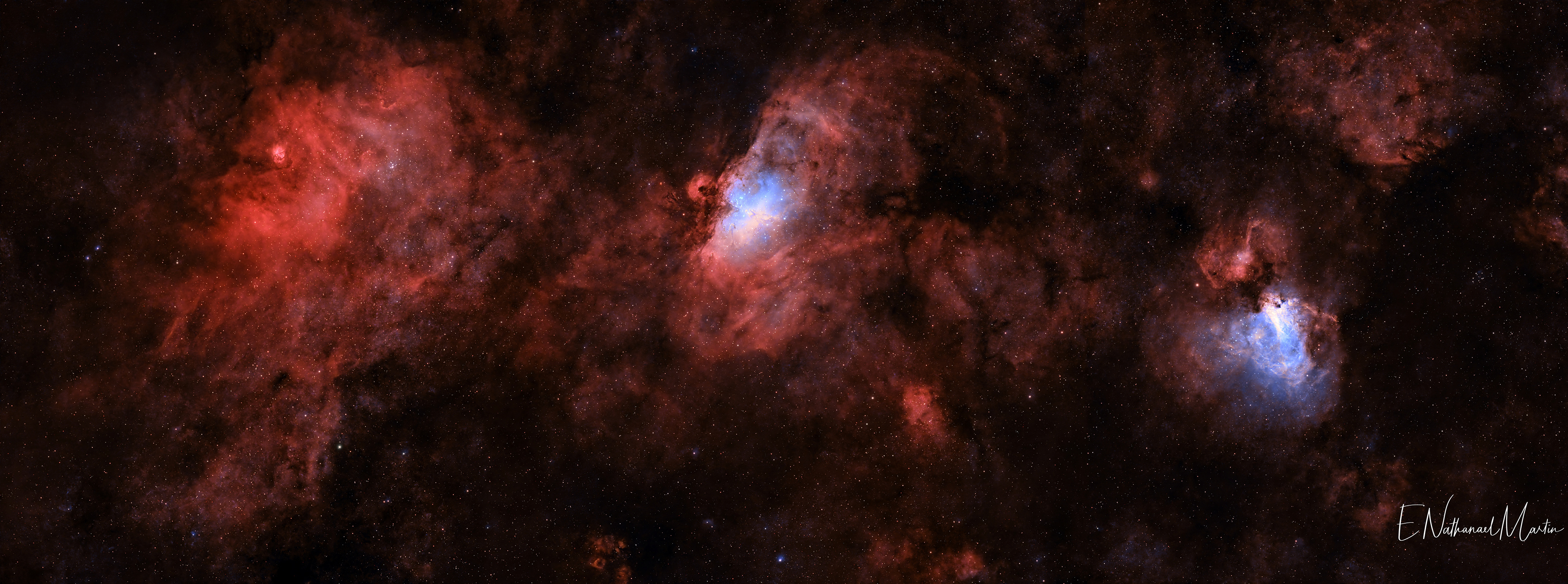 Panoramic View of NGC 6602, M16 Eagle Nebula, and M17 Omega Nebula