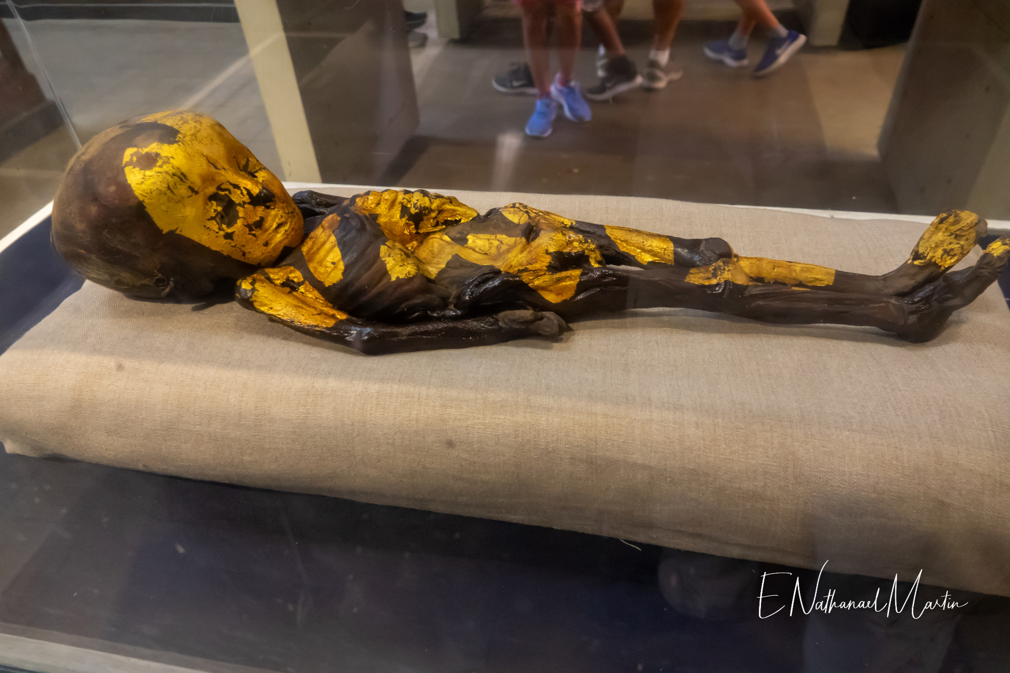 Small child mummy with gold. 