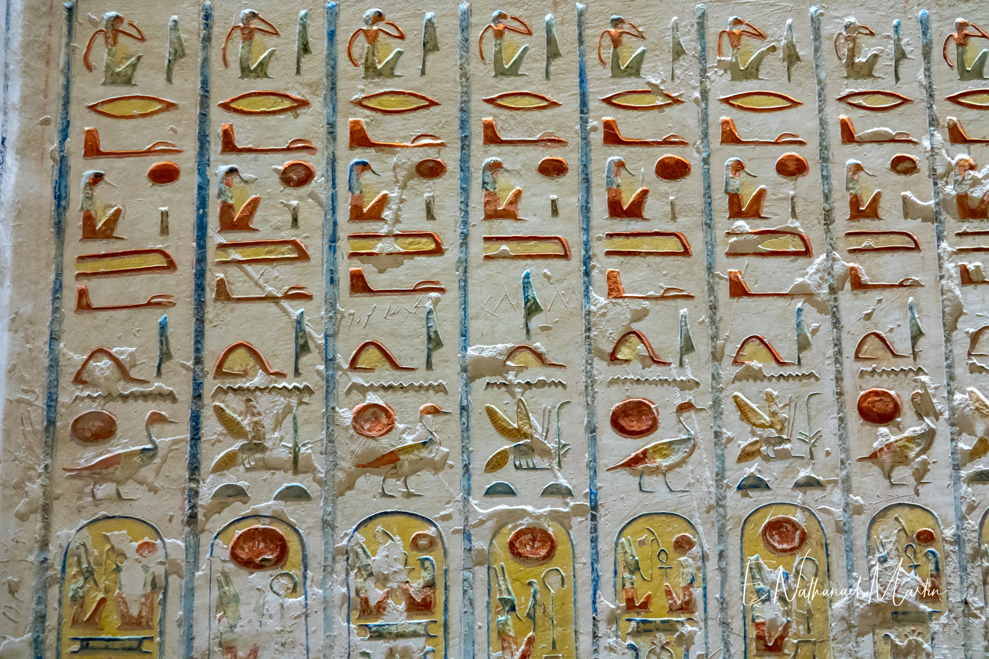 Ancient hieroglyphs from inside tombs of the valley of the Kings, original colors dating back as far as 1600BC. 