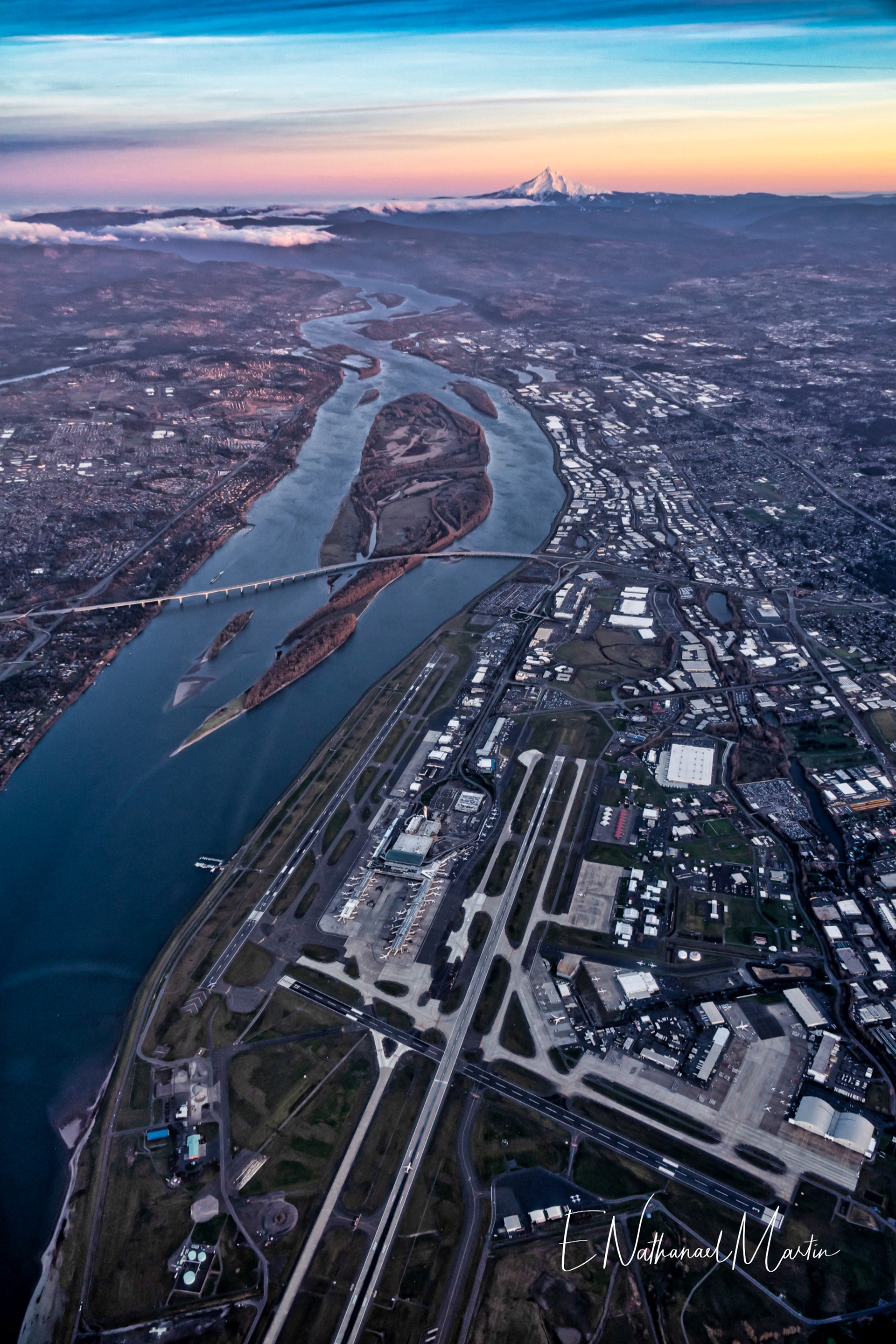PDX Airport and the Columbia River with Mt. Hood