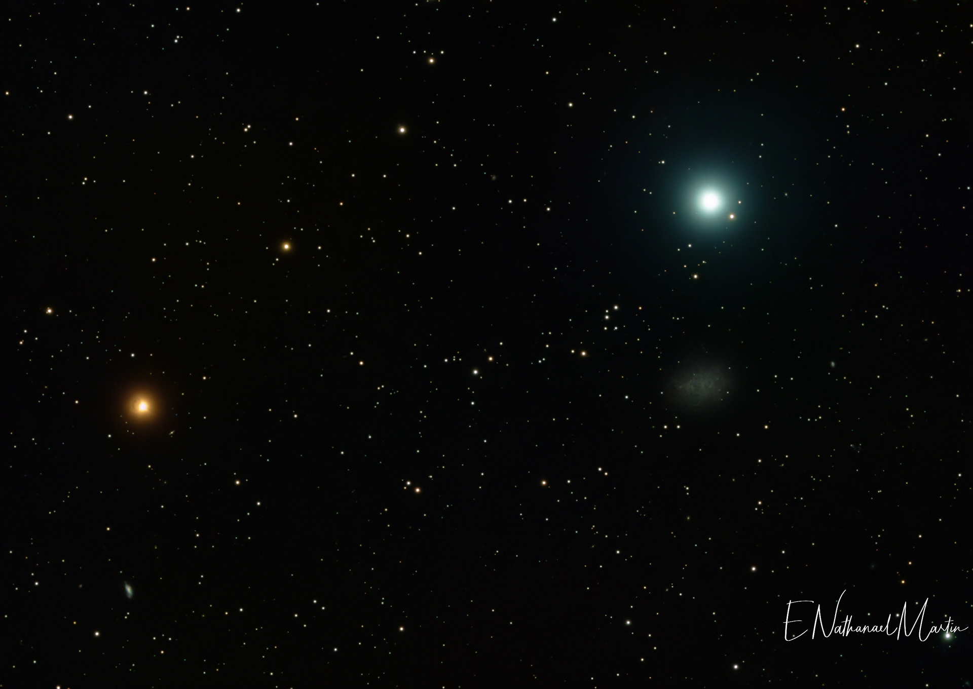 Mars (left) and Regulus (right) conjunction, with Leo I Dwarf Galaxy