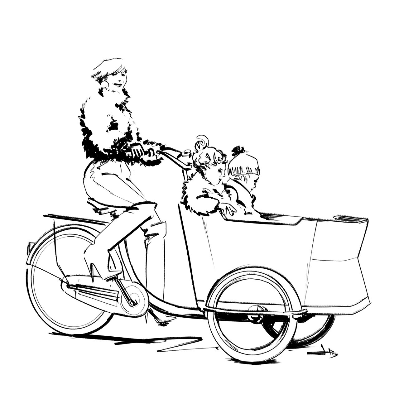 Mom taking kids to school using a cargo bike or bakfiets. The so called Bakfietsmoeder.