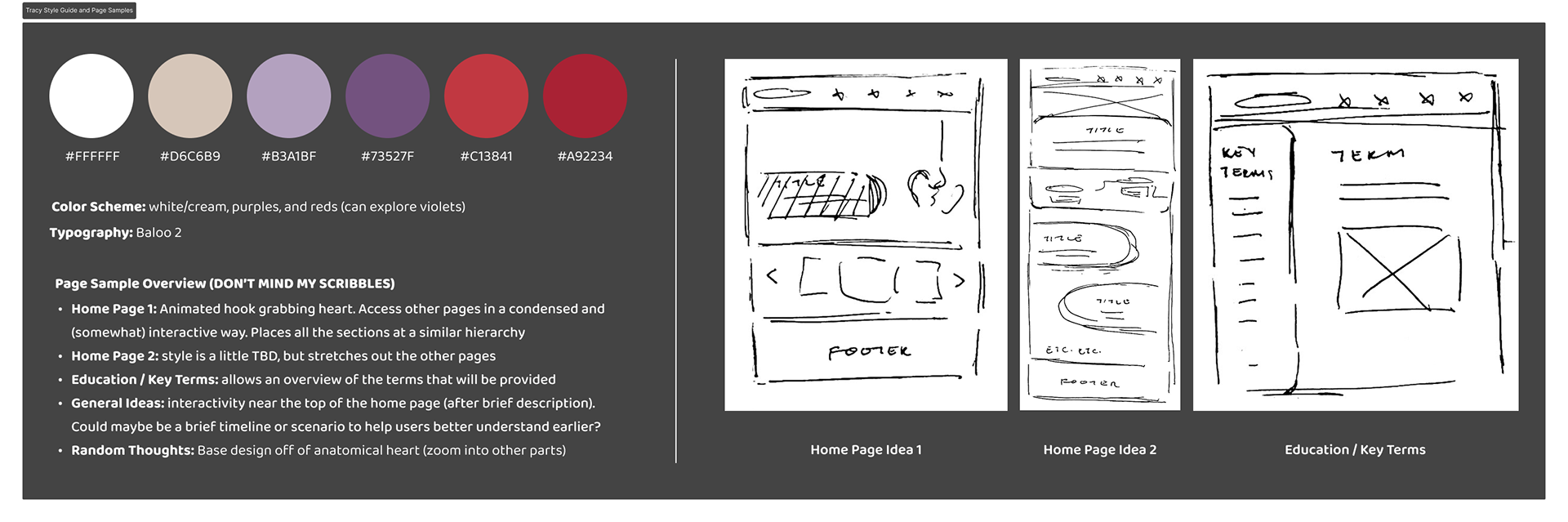 Wireframe sketches of the home page and learn section