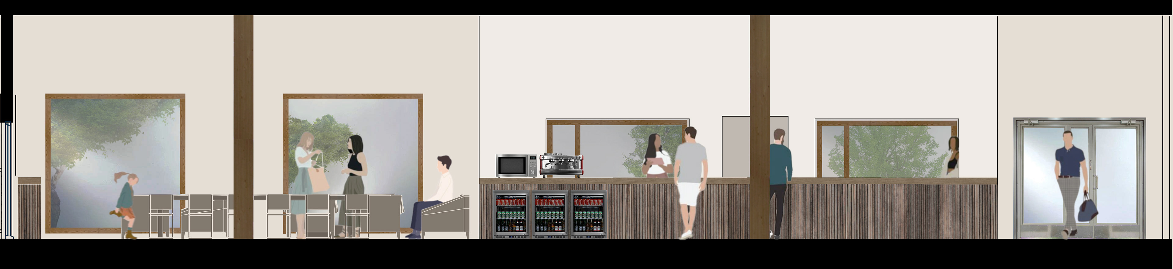Section 1, Reception - The reception desk is made longer to give the staff more working space, solving one of their main issues. It’s made of wood to keep the area warm and welcoming. Two openings in the wall behind the desk let natural light from the office and kitchen flow into the space. The waiting area furniture is replaced with more uniform pieces to create a cleaner look.