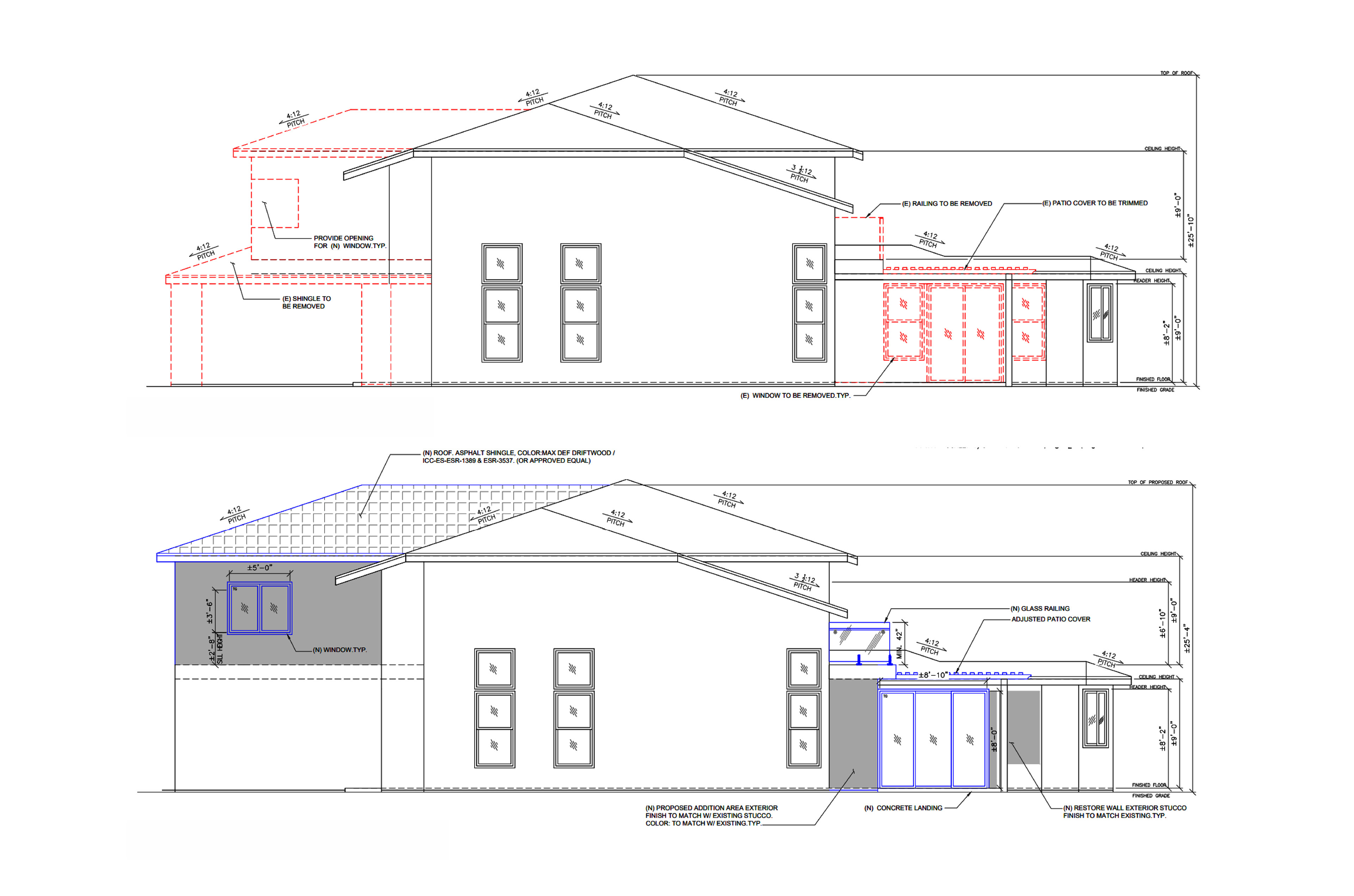 Existing(red) and Proposed(blue) Elevations