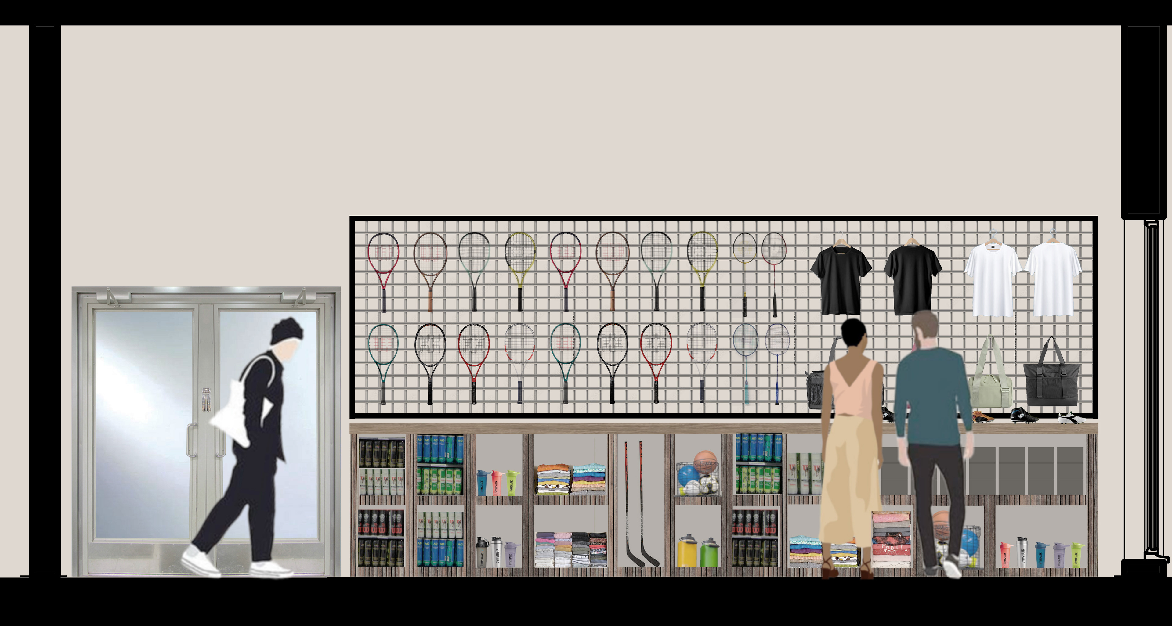 Section 2, Shop - A wooden shelf-table is designed to hold items that can be placed on shelves or tabletops. A metal mesh is mounted on the wall for things that can be hung. The mesh keeps the space feeling light and open, without adding bulk.