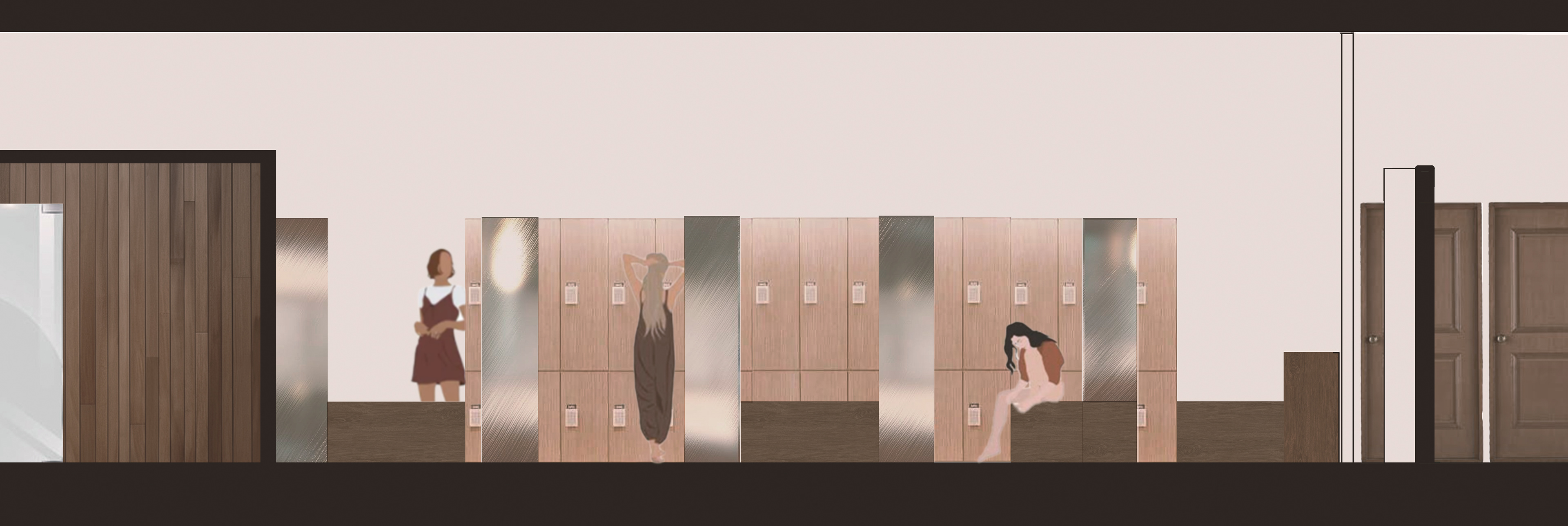 Section 3, Changing Room - Wood is used to give the space a warm and welcoming feel. The lockers are placed to create small corners for privacy. Benches are attached to the lockers and share the same shape, so they look like one connected piece.