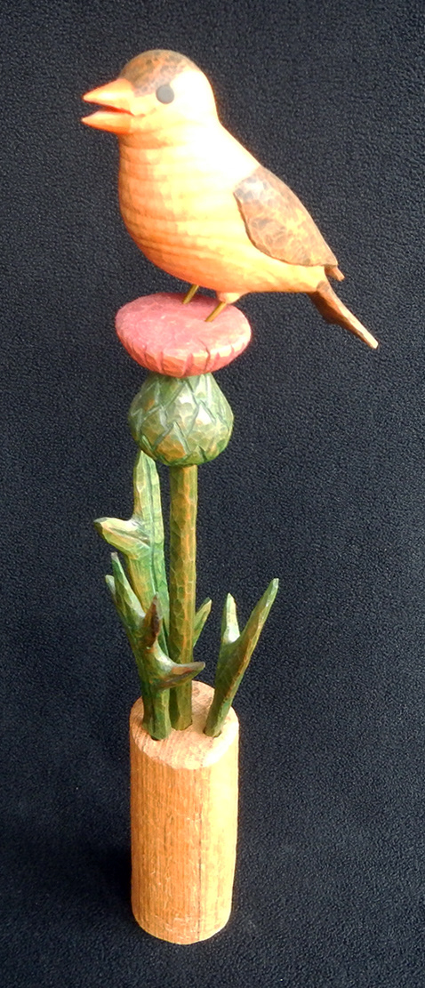 Goldfinch & Thistle, white pine and red oak