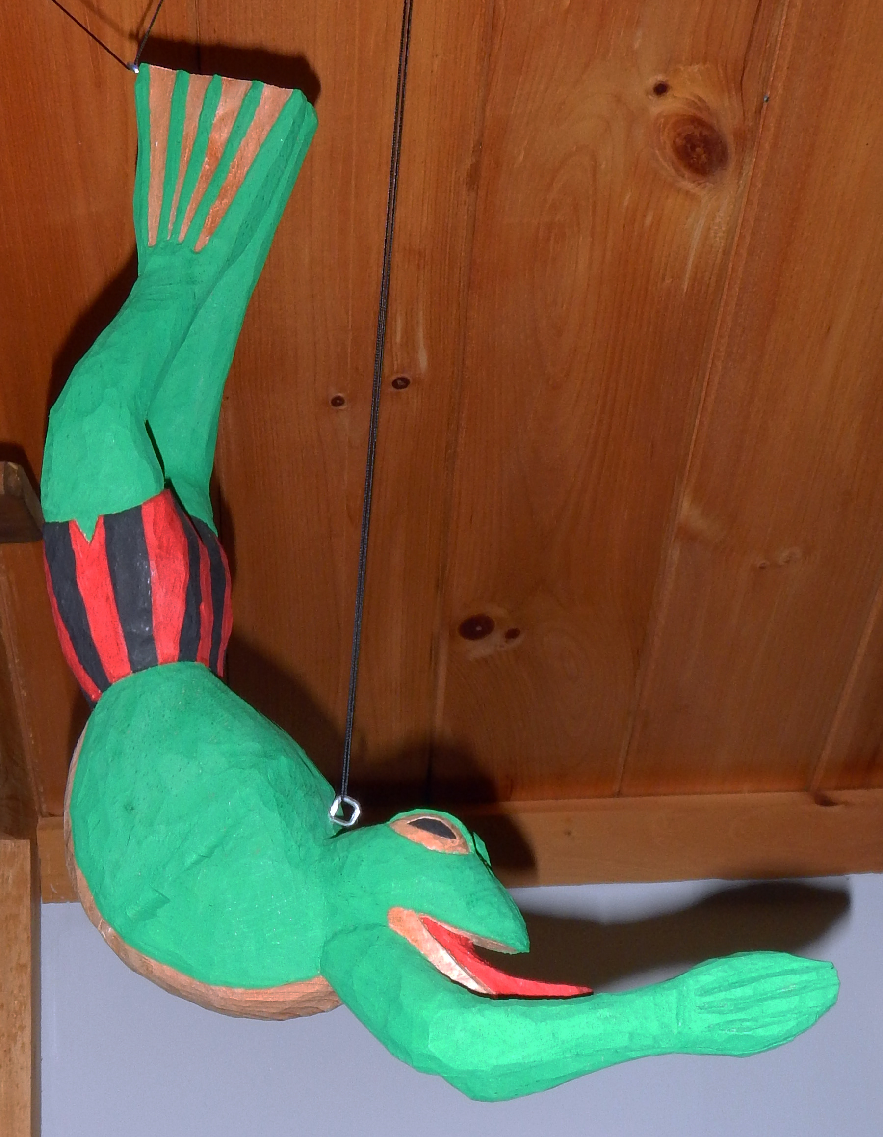 Diving Frog, white pine & acrylic