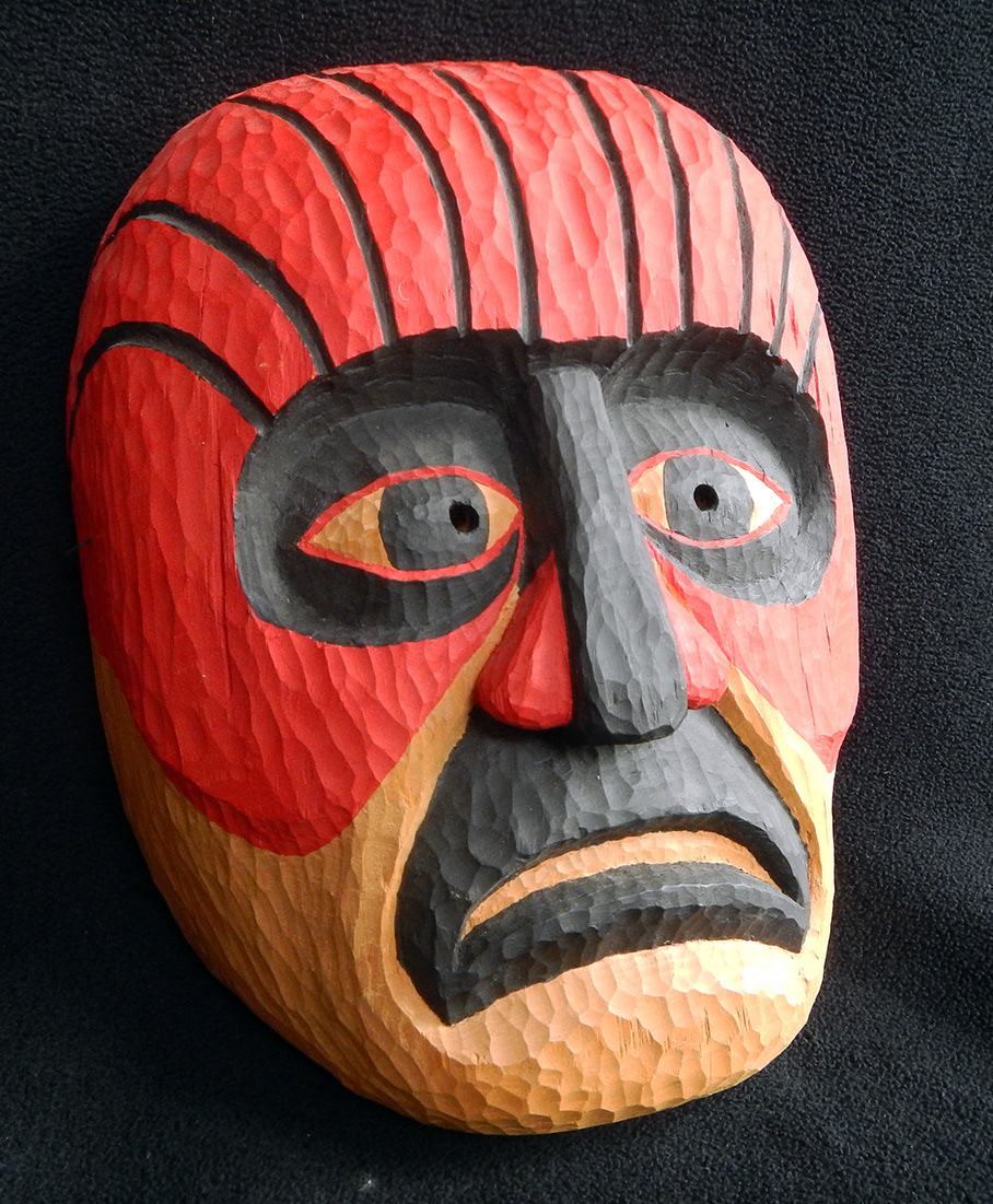 Red & Black Mask, red pine and acrylic