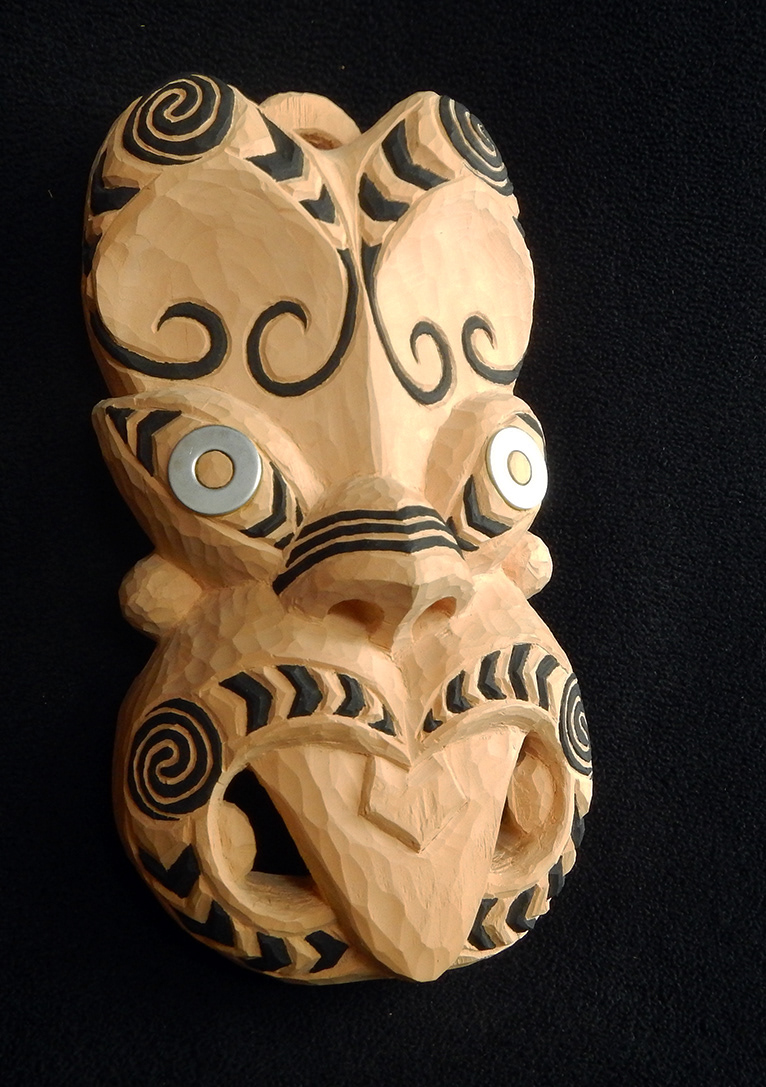Maori-inspired Mask, white pine and acrylic