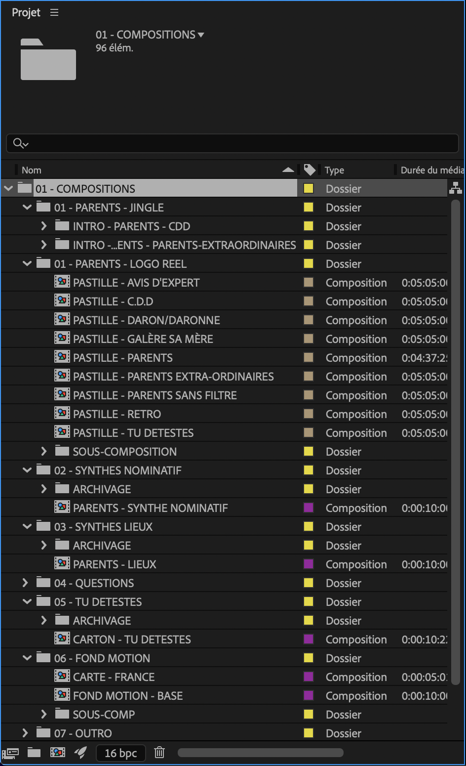PARENTS - PROJET - Organisation du projet After Effects (d'habillage vidéo)