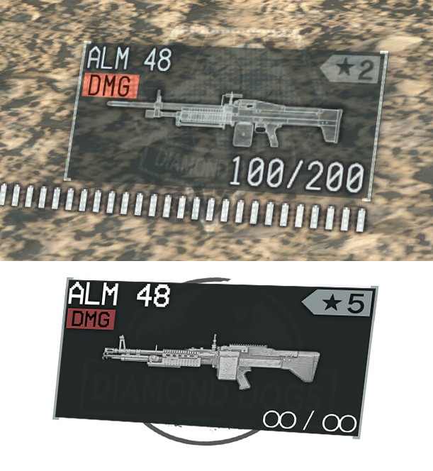 Weapon in UI interface. Note reuse of "Diamond Dogs" imagery from episode title.
