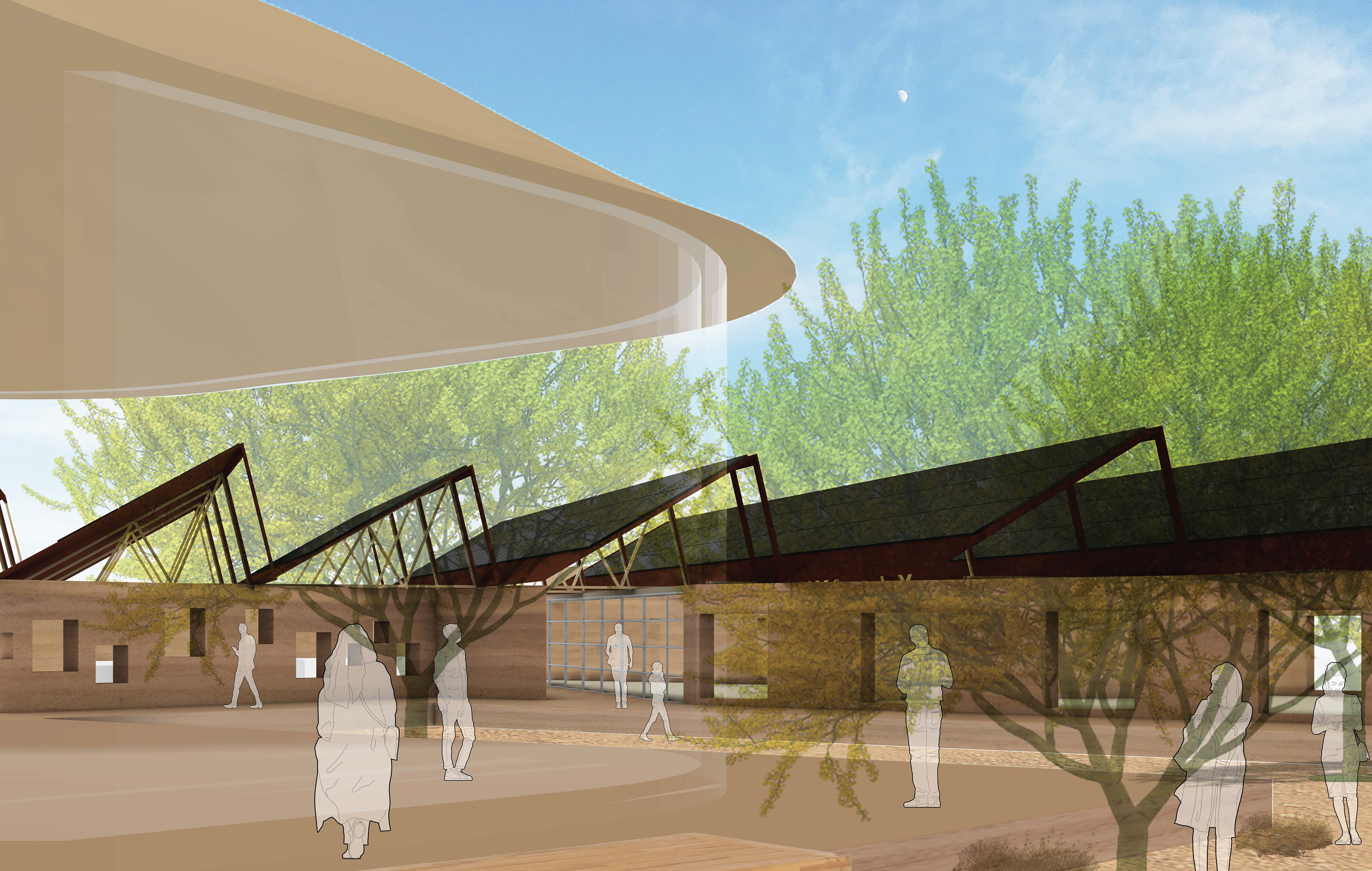 Studio Building Rendering  The studio is split into two buildings: the studio and the shop. The path between the two buildings leads directly to the gallery to highlight both the works in progress and the finished products.
