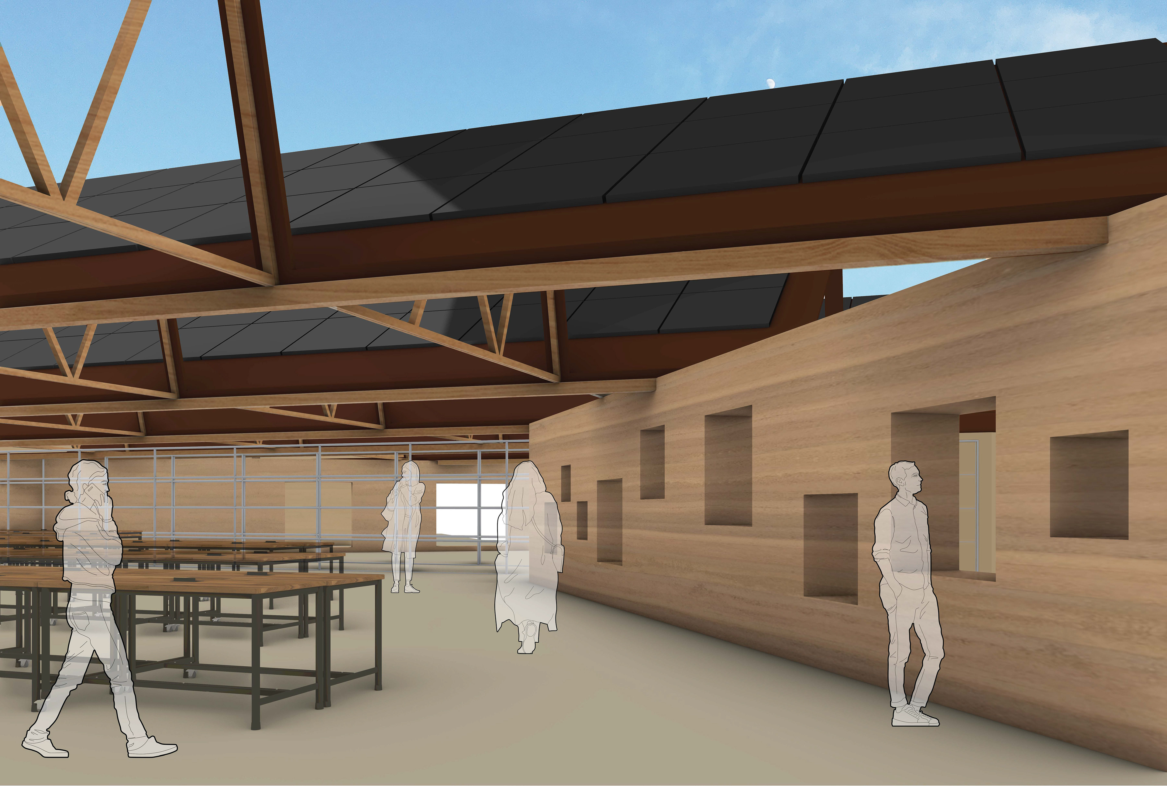 Interior Studio Rendering The studio has a lot of natural light coming from the south through the sawtooth roof. The shop can be seen from the glass mullion wall to reflect transparancy of the work process.