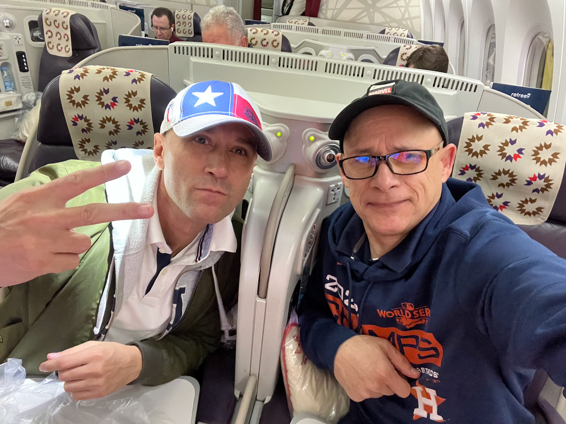 Matteo Stanzani and Darren settle in for a long flight.