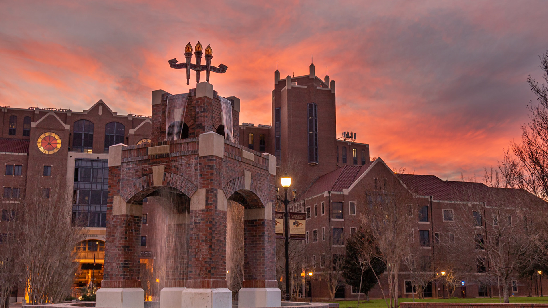 Heritage Fountain and Doak Campbell Stadium Red Sky
