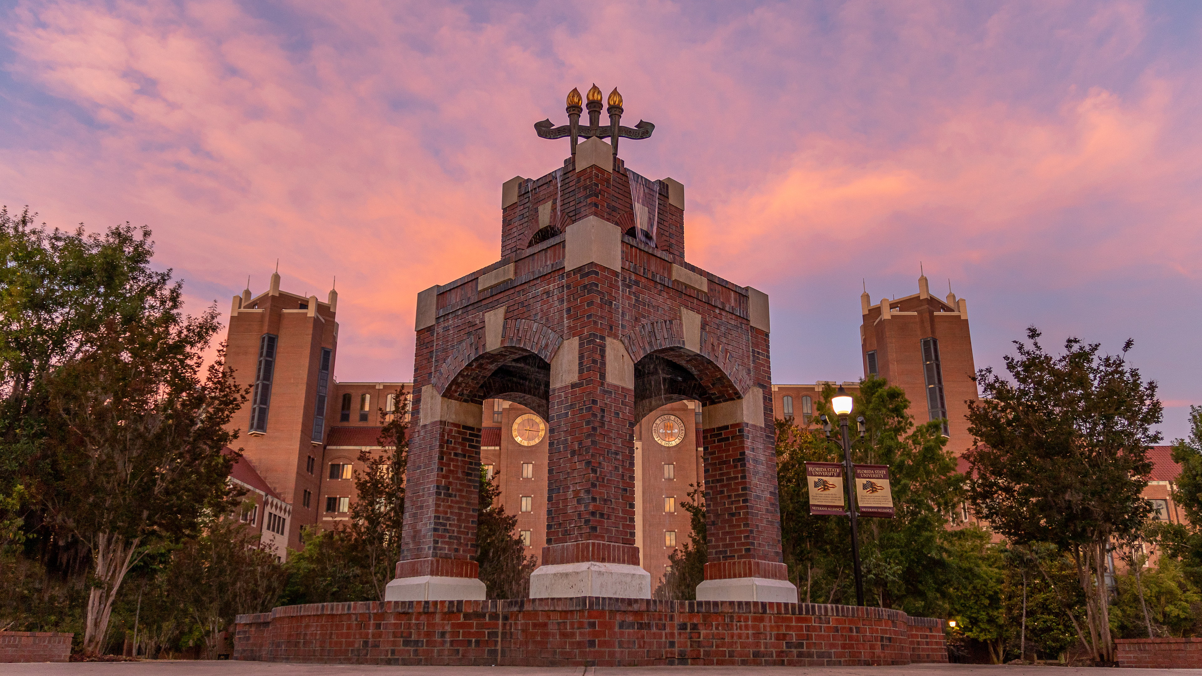 Heritage Fountain and Doak Campbell Stadium Red Sky