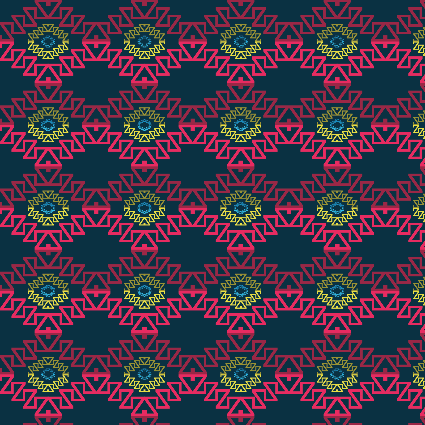 An intricate pattern made of the letter Z reflected and repeated many times in different colors. Z’s form an oval type shape that is enclosed by two other oval shapes of bigger sizes. Duplicates of these form a grid over the dark navy background. The second dominant color is hot pink, followed by yellow than bright blue.