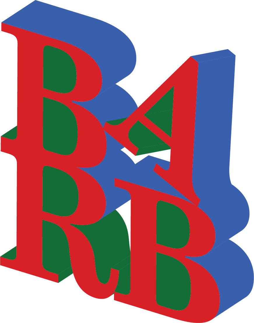 This flat image is based off of the LOVE sign in Philadelphia. Instead of LOVE it says “BARB”. The letters B and A are stacked on top of the letters R and B. The letters are at an angle so that you can see the sides of them. The fronts of the letters are red, the insides are green, and the sides are mostly blue. similar to the O in LOVE, the A in BARB does not sit flat but points a bit sideways.