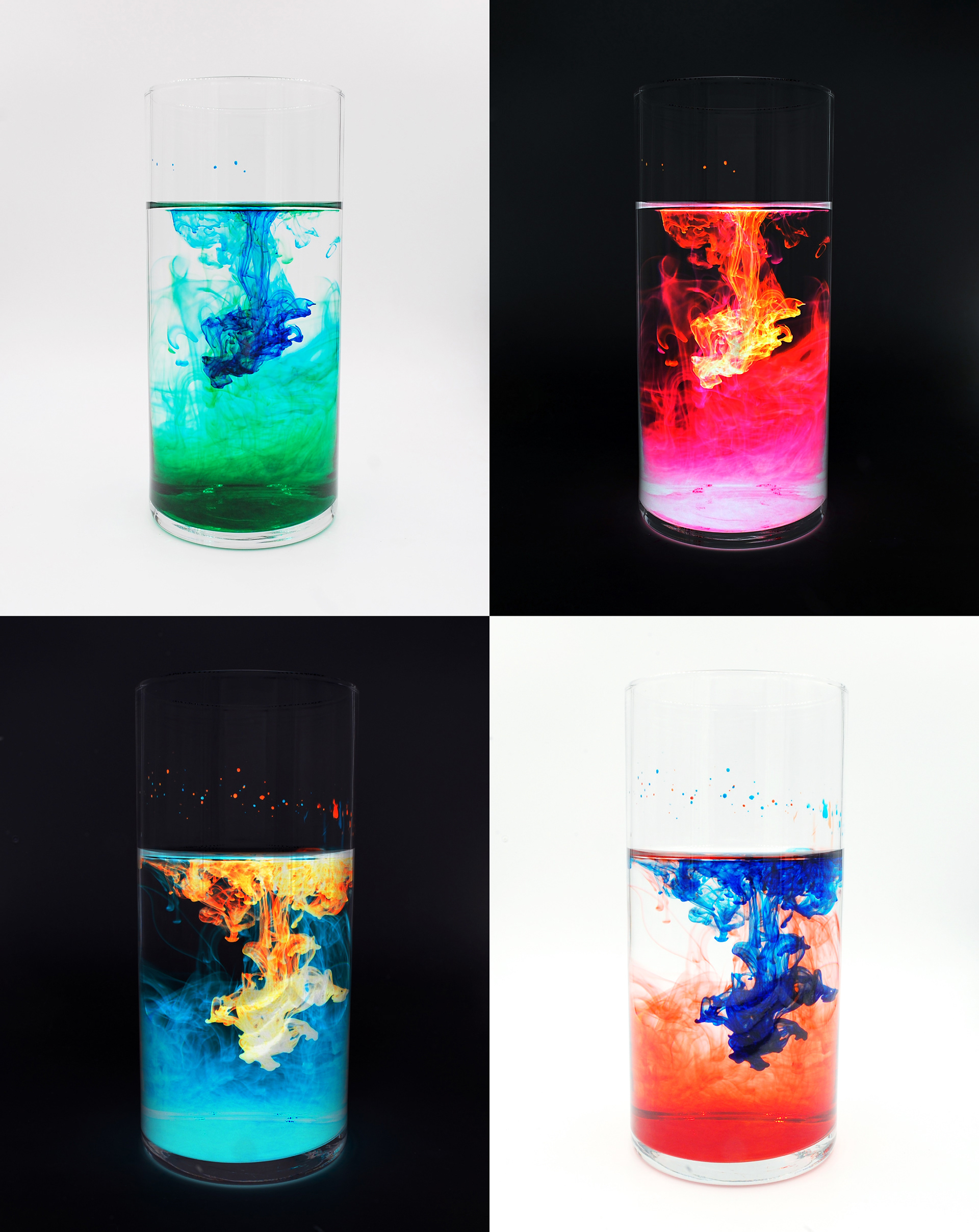 This is a photograph compilation of sharp images. It is longer than it is wide and has four photos that evenly divide the image. I will go clockwise in my description, starting at the top left. This is a photo with an off white background. There is a glass two thirds full of water. Food coloring has been dropped into it. Green is spread across the bottom, darker the closer it is to the bottom of the glass. There is a trail of blue food coloring that was recently dropped in. It forms a random formation that ends in a point, pointing toward the bottom of the glass. Everything is very whispy and there are different shades of the color throughout. The next photo, the top right one, is the same image, but the colors are inverted. The background is black, the bottom of the glass has pink, and orange is slowly coming down in the glass. The next image, the bottom right is a new glass. Same white background and also about two thirds full of water. The bottom of the glas has red spread about. The red is darkest at the bottom of the glass, where is has accumulated after making its way through the water. Royal blue has been dropped in recently, and it looks like royal blue clouds that are falling down toward the bottom of the glass. The last photo is the same as the third, but with the colors inverted. The bottom of the glass has accumulated a cyan blue, and bright orange/yellow is coming down from the top of the water line.