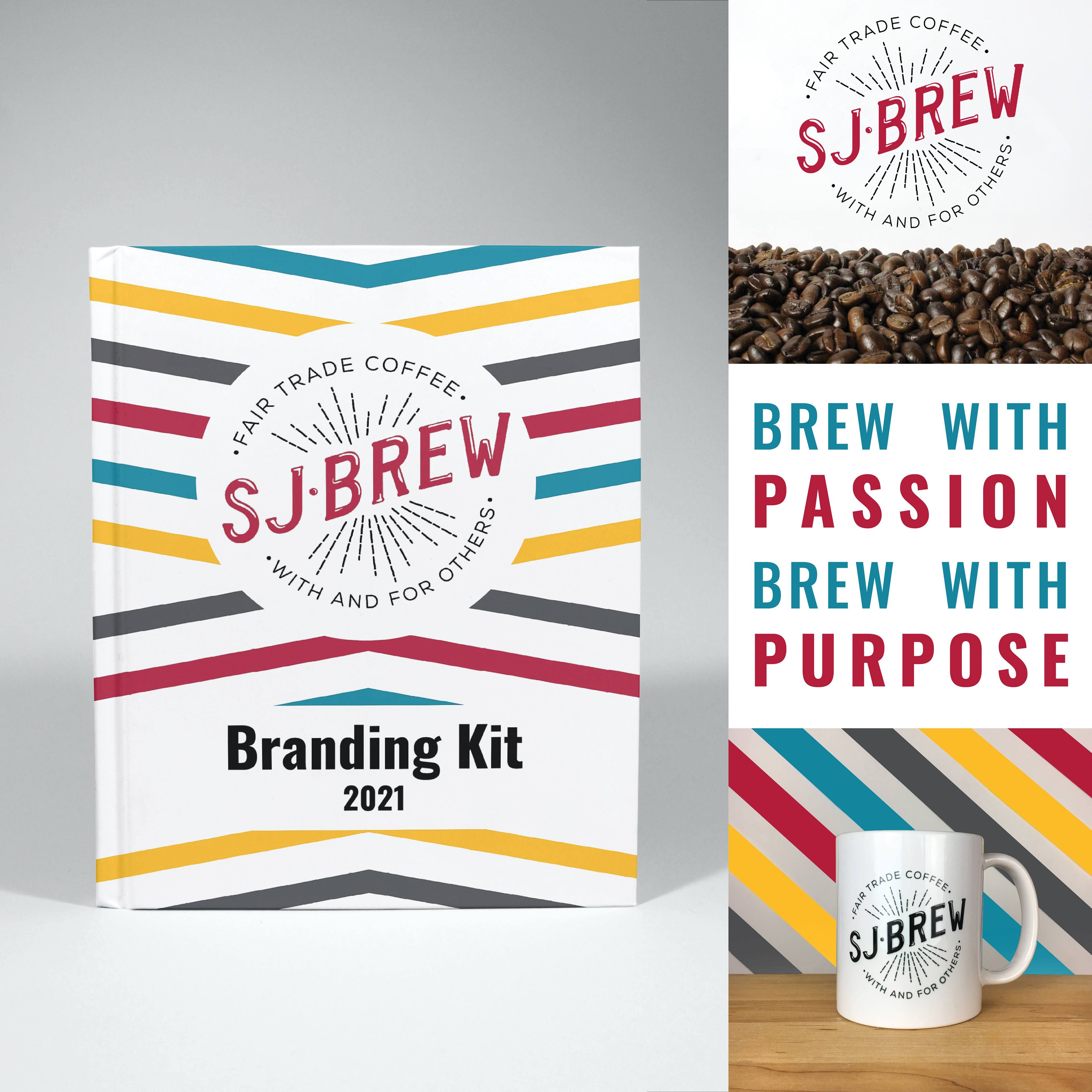 A layout of three images from the SJ Brew branding kit. On the left is a branding book for SJ Brew. On the right is a column of three images. The top one is a pile of coffee beans with an SJ Brew logo over it. The middle image is a graphic in blue and red that reads “BREW WITH PASSION BREW WITH PURPOSE”. The bottom image is a white mug with the SJ Brew logo on a wooden surface. The background is multicolored stripes that match the branding book on the left.