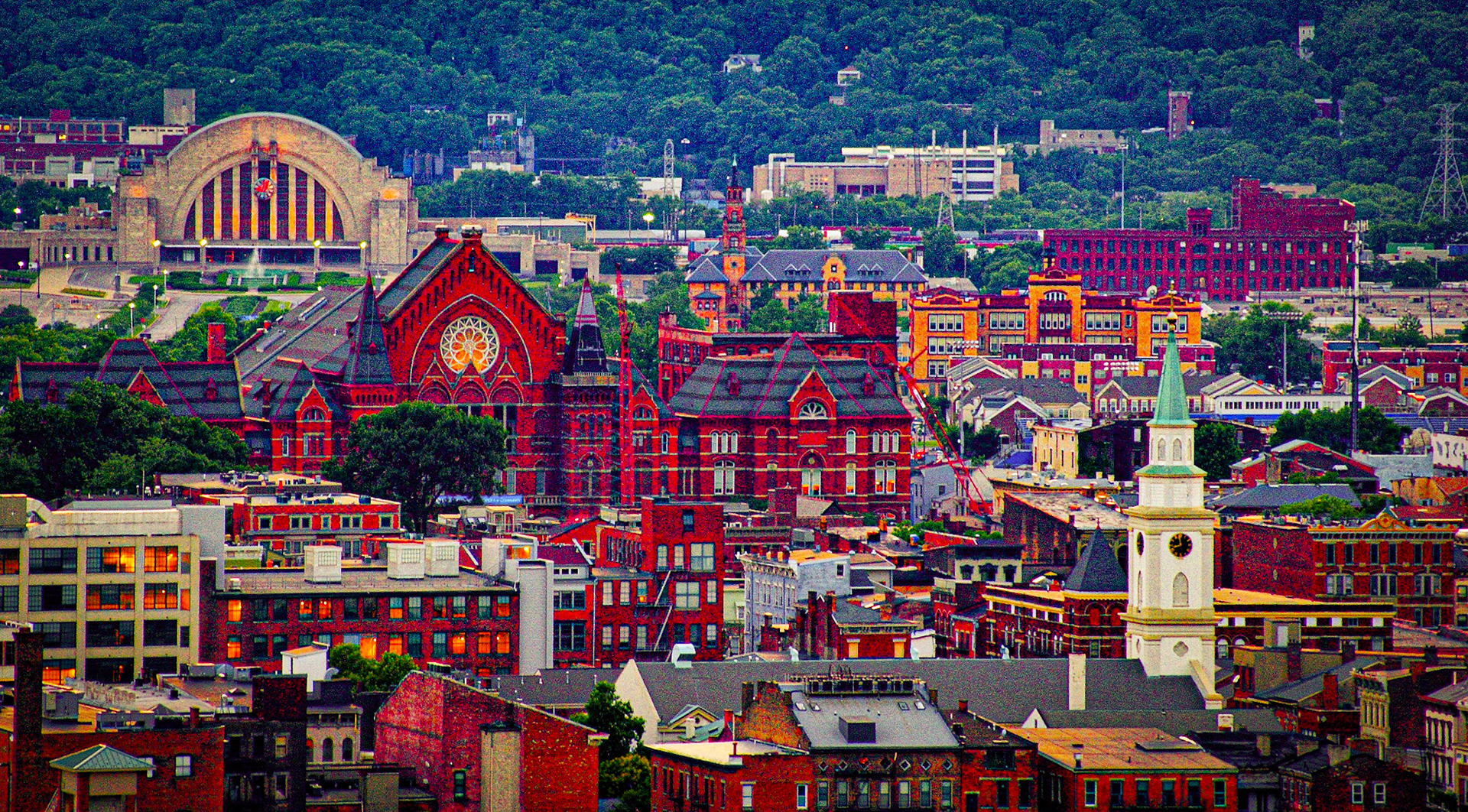 Diagonally from Bottom Right: Old St Mary's Church | Music Hall | Union Terminal