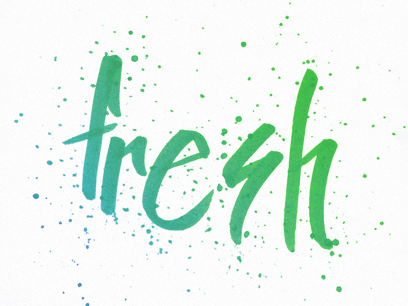 Hand lettering lowercase "fresh" in blue and green blended cursive.