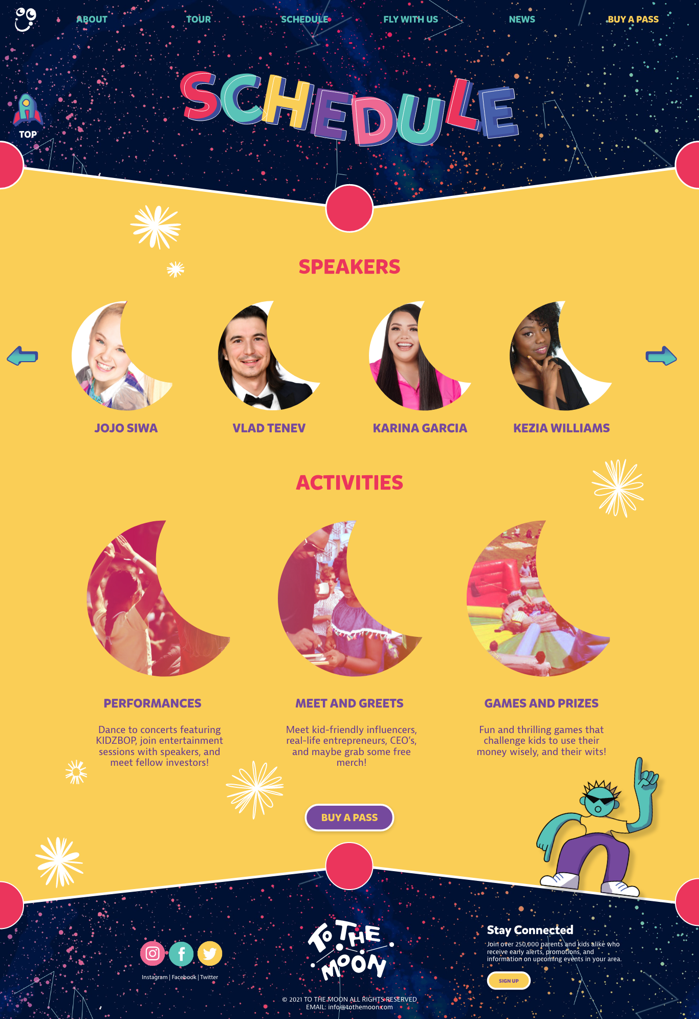 The Schedule page gives a brief summary of speakers and activities that will be there on the tour.